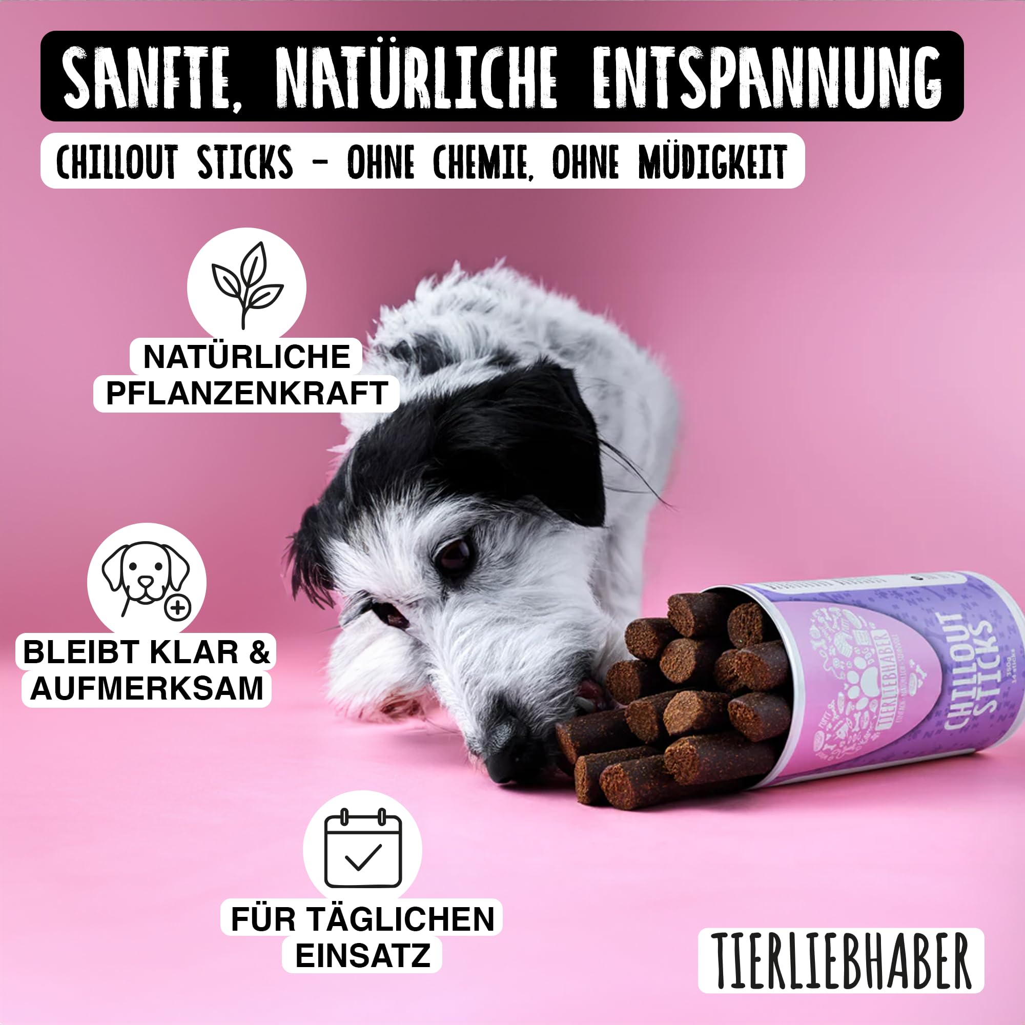 TIERLIEBHABER - Chillout Sticks 350 g (14 Sticks) Natürliche Unterstützung & Entspannung für Hunde – Sanfte Beruhigungshilfe bei Stress, Autofahrt & Silvester – Hundeleckerli & Anti-Stress Snacks
