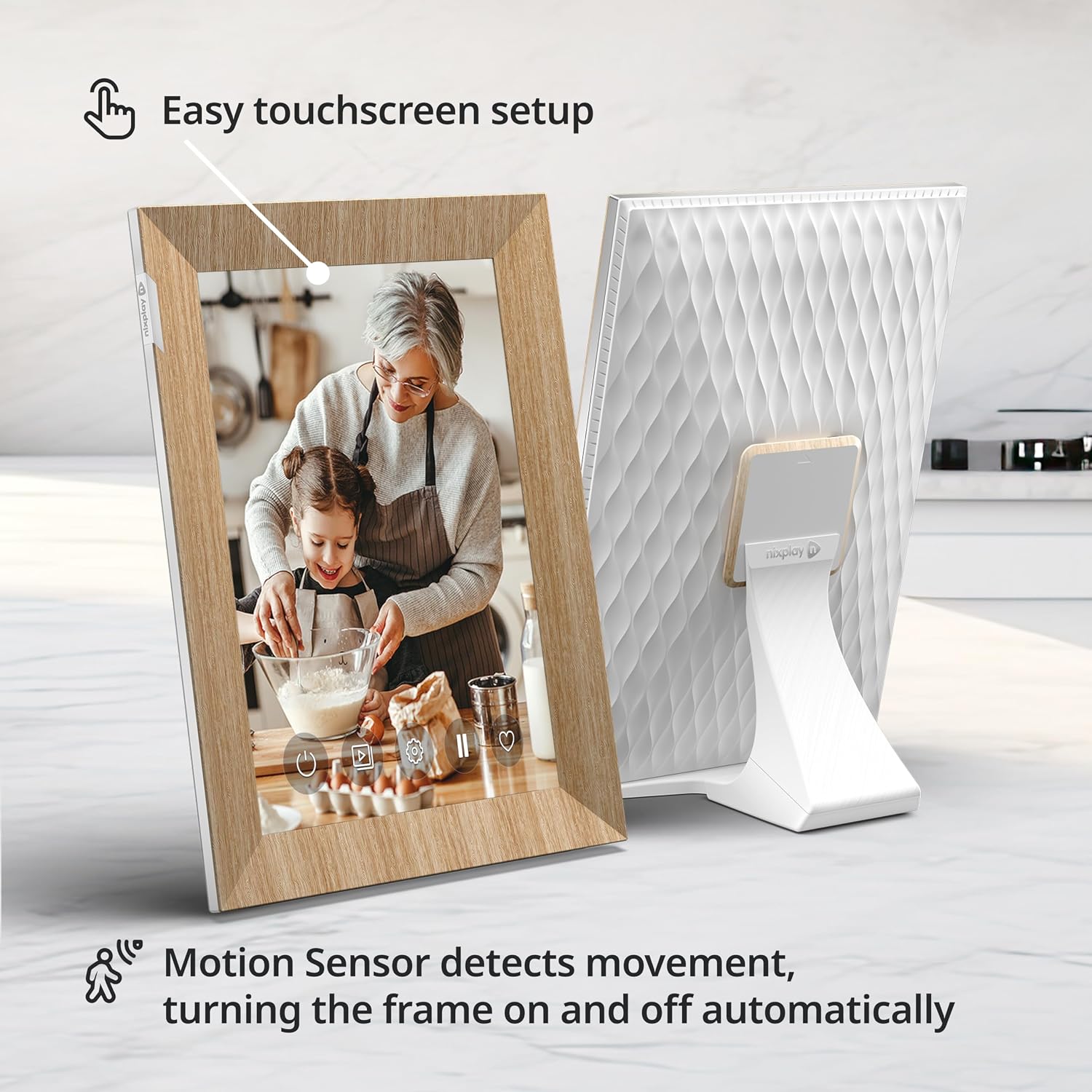 Nixplay Digital Touch Screen Picture Frame with WiFi - 10.1” Photo Frame, Connecting Families & Friends (White/Wood) image 2