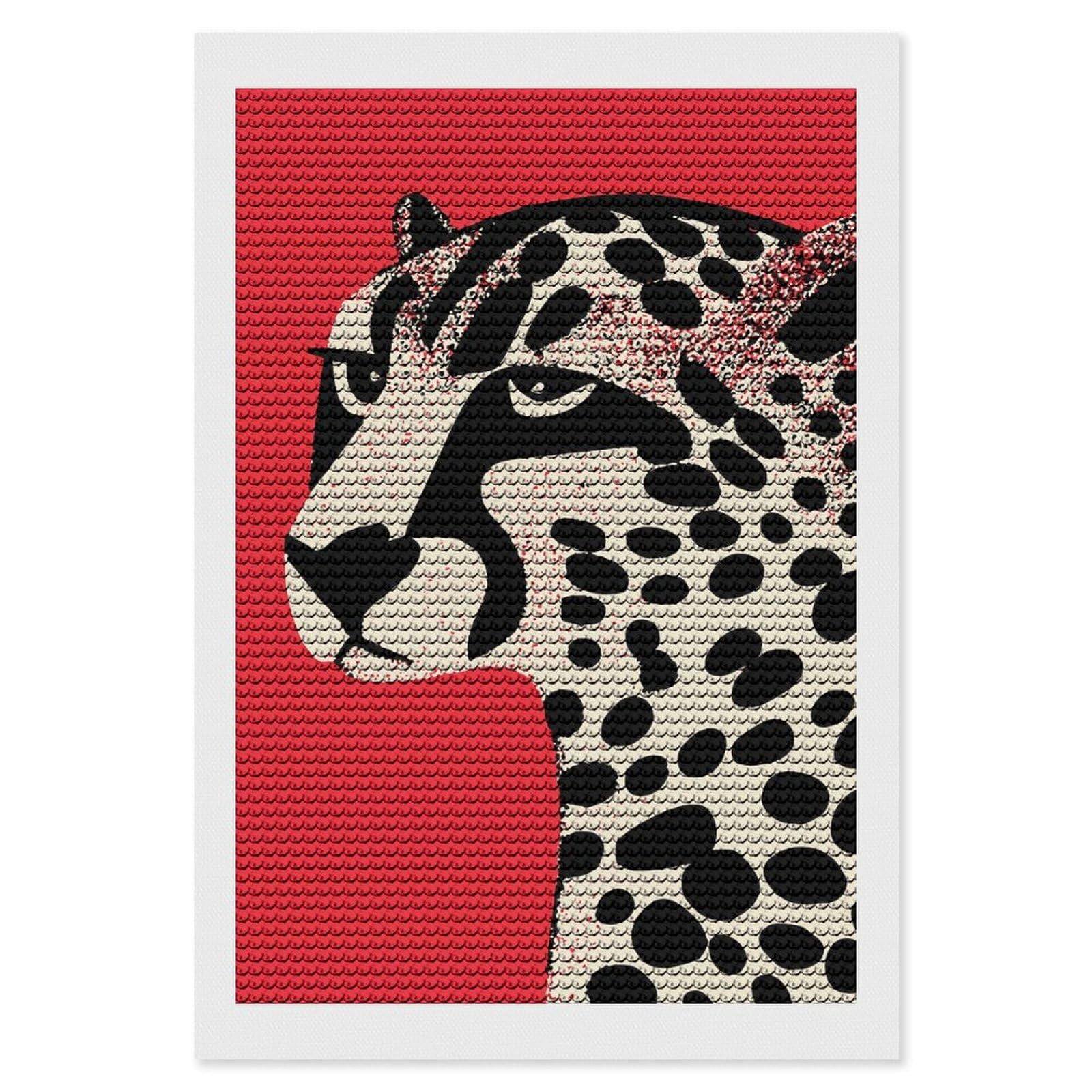 Junmoney Red Moody Cheetach Diamond Painting Set 8"x12", Modern Decor, for Beginners, Printed Canvas, Thoughtful Handmade Gift, with Tool Kit