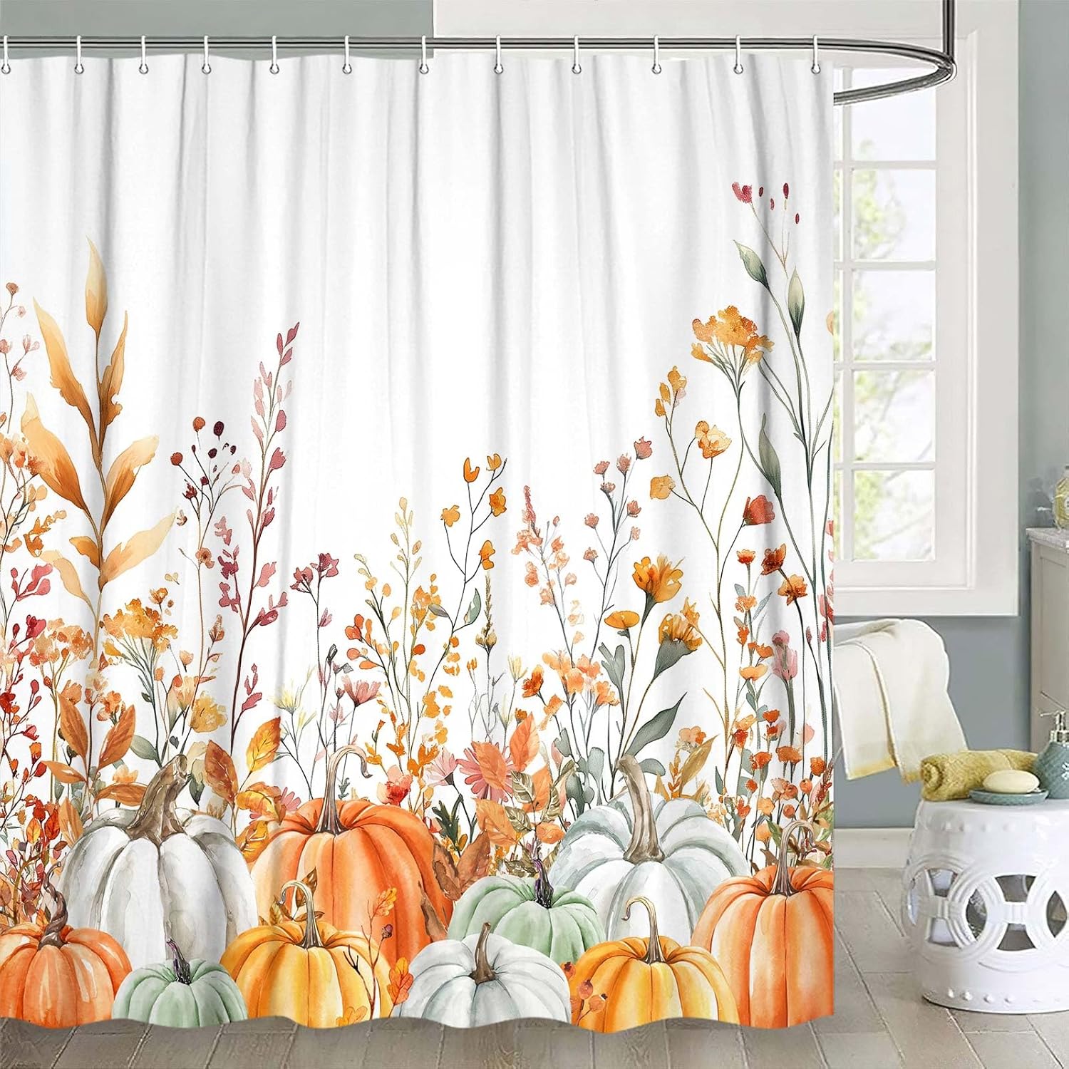Fall Thanksgiving Day Shower Curtain, Autumn Pumpkin Farmhouse Turkey Shower Curtain Bathroom, Fall Country Fields Harvest Art Shower Curtain Set with 12PCS Hooks, 70X75IN