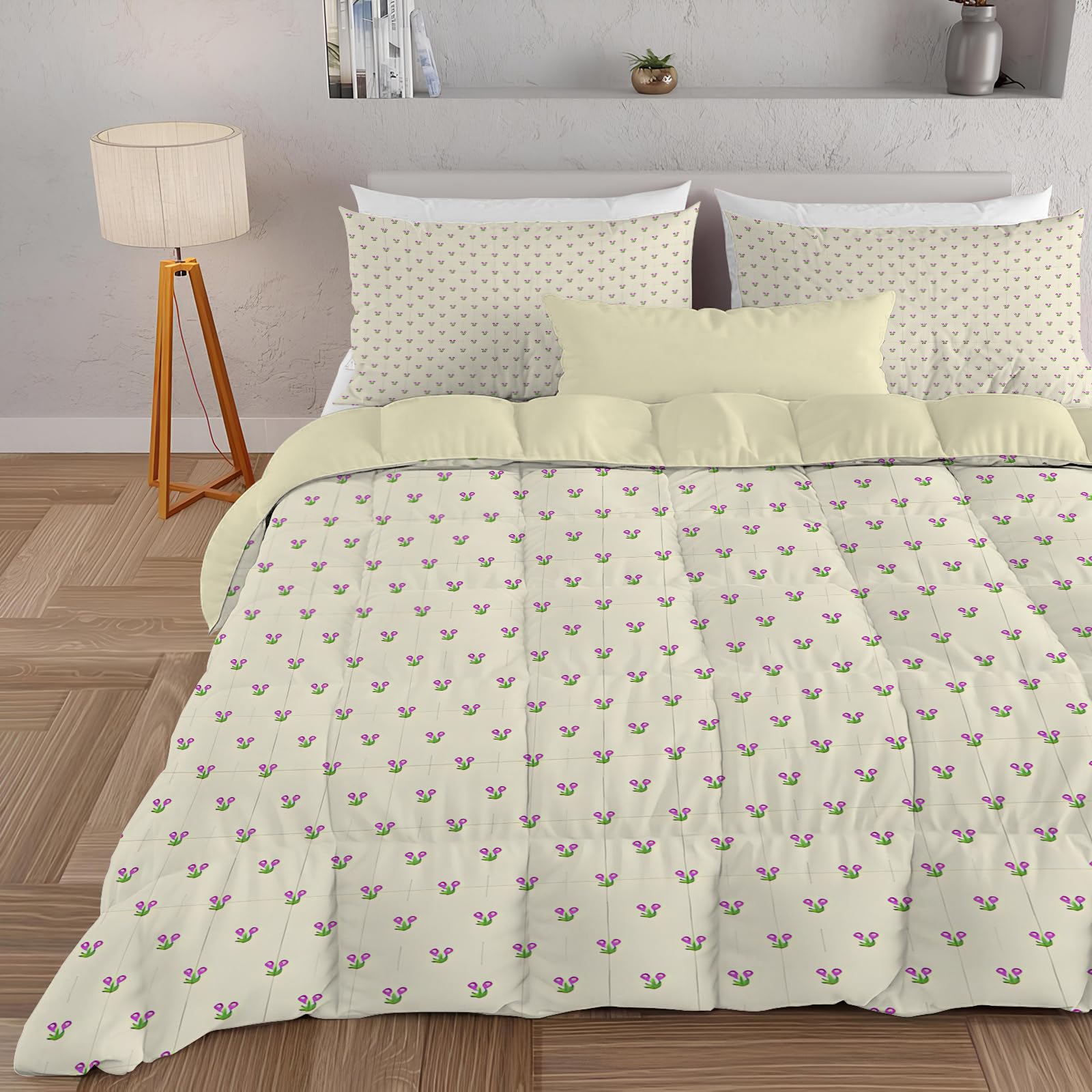 dyausi Double Duvet - Coverless Duvet with Matching Pillowcase - Reversible Printed Duvet with Flowers Pattern - Lightweight and Washable Duvet Double - Double 200x200cm - Yellow