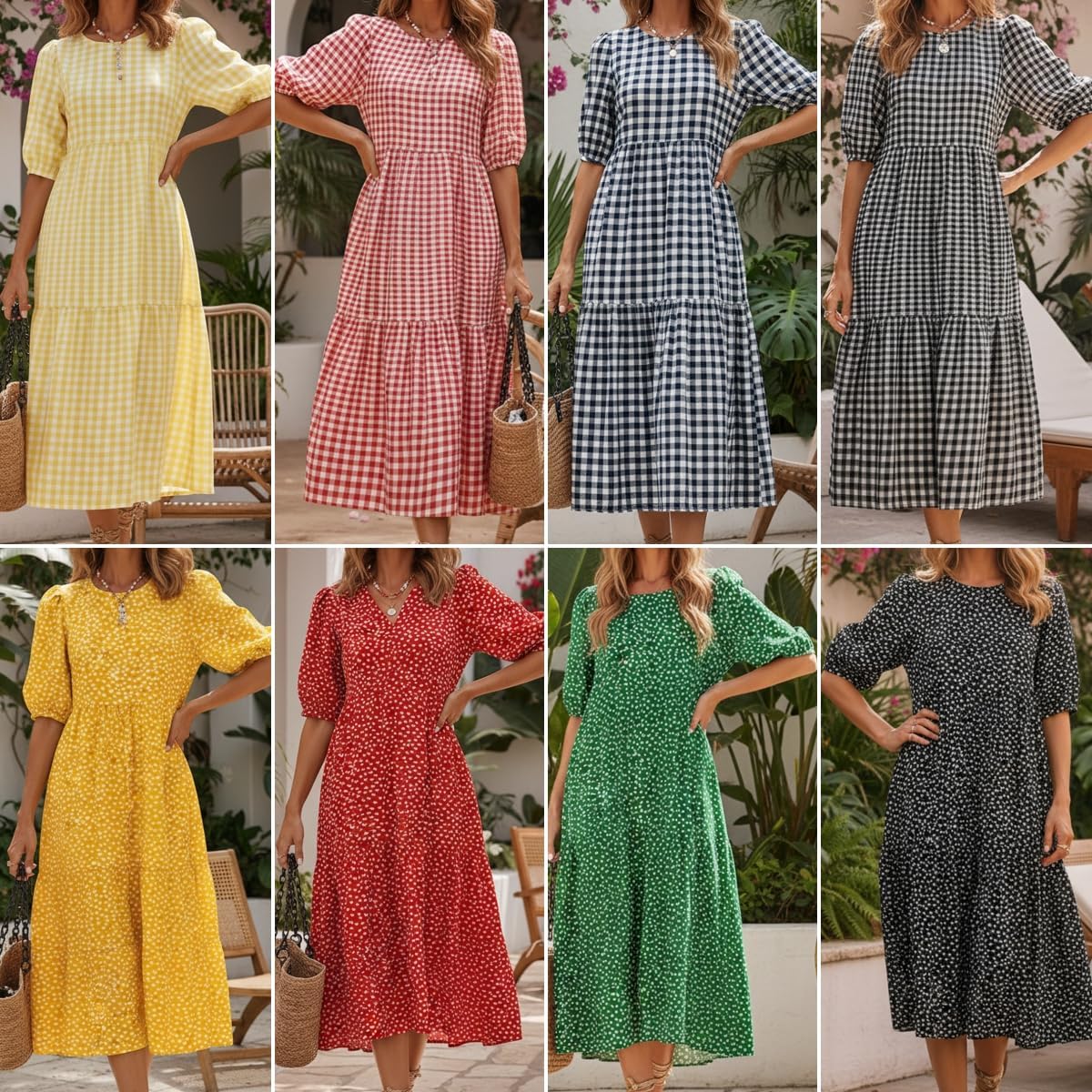 Women's Gingham Dress for Women Vintage Plaid Crewneck Short Puff Sleeve Tiered Flowy Beach Vacation Midi Dress