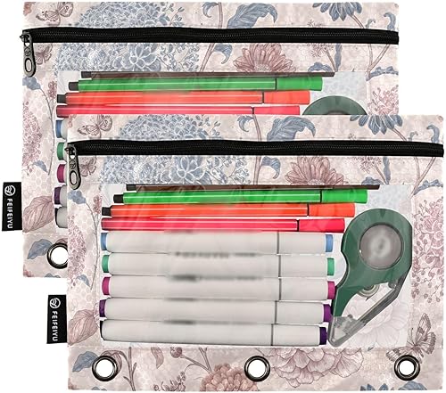Miniatura 2 de Kigai Estuche para lápices de crisantemo para carpeta, 3 anillos, con cremallera de ventana transparente, 2 unidades, estuche para bolígrafos,