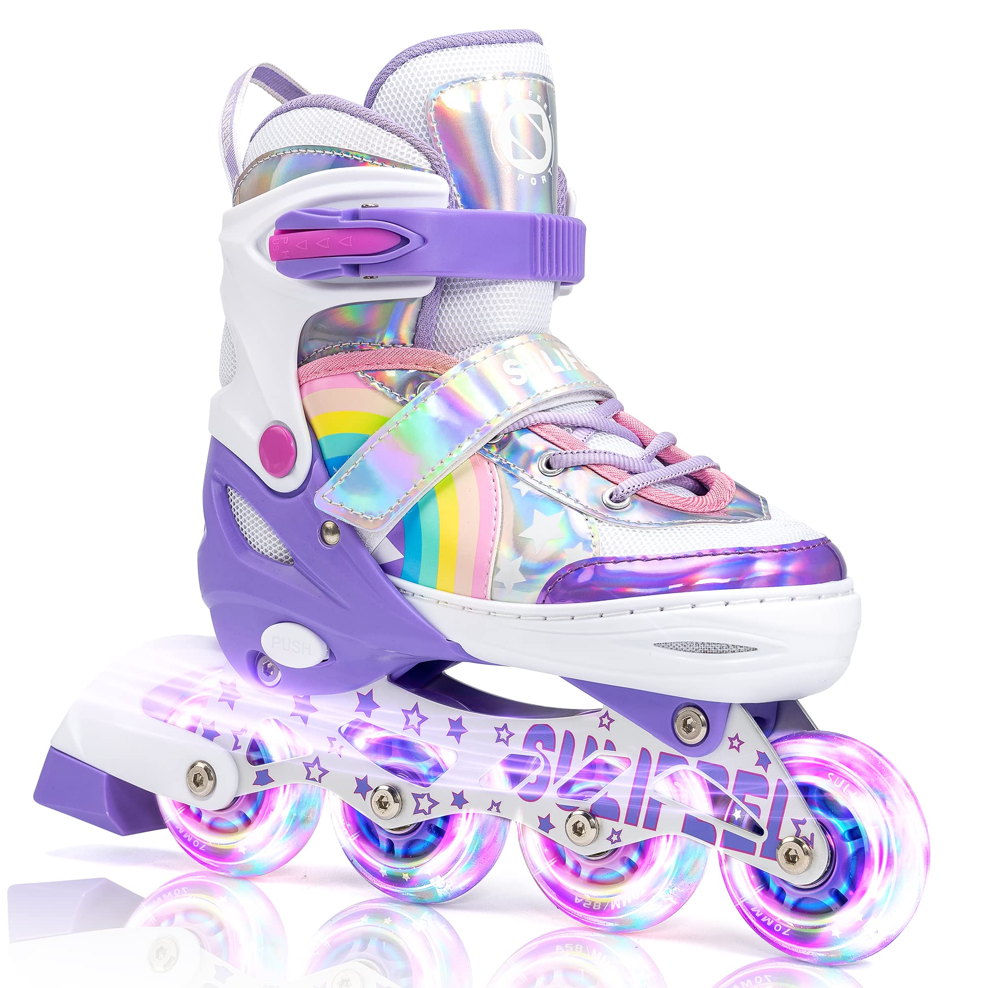 SULIFEEL Pattini in linea luminosi regolabili con unicorno arcobaleno per bambini, ragazze e ragazzi, pattini per principianti con ruote illuminate