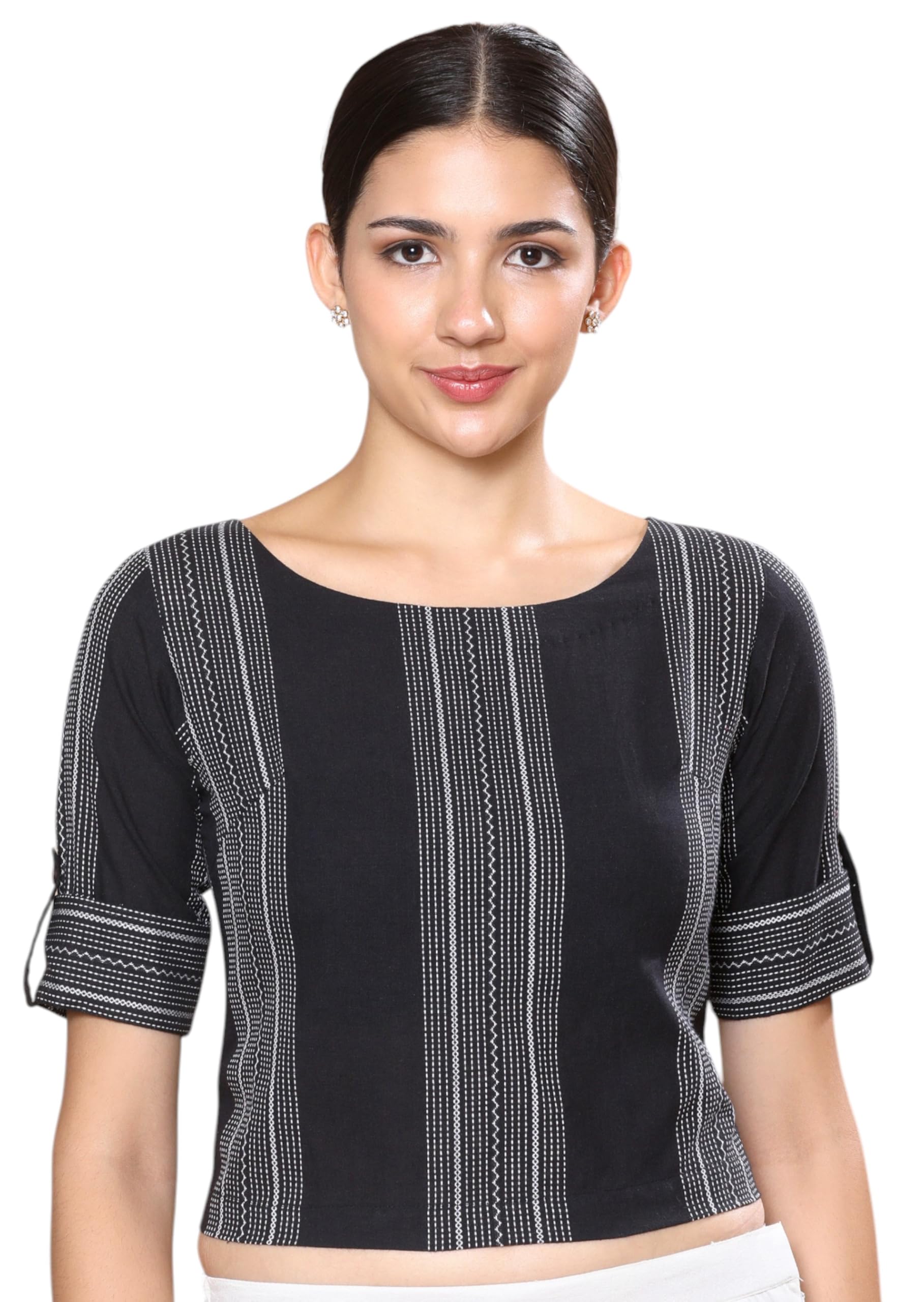 studio shringaar Women's Black Handloom Cotton Croptop Saree Blouse-picture-21