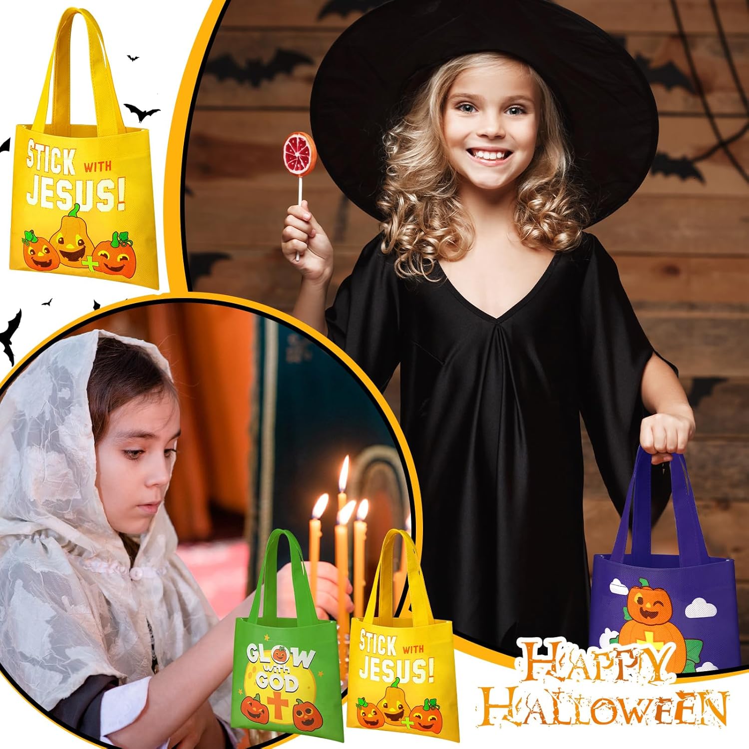 Abbylike 48 Pcs Christian Pumpkin Goody Bags for Kids Bulk Christian Halloween Treat Bags Non Woven Tote Bag for Sunday School Supplies Church Religious Halloween Party Decor - Image 6
