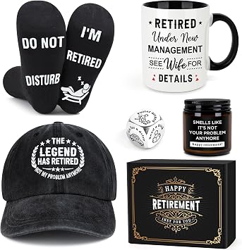 Launrada Retirement Gifts for Men 2026 Retired Gifts for Men Happy Retirement Decorations for Man The Legend has Retired Gift Ideas for Man Includes Mug Hat Candle Socks Dice