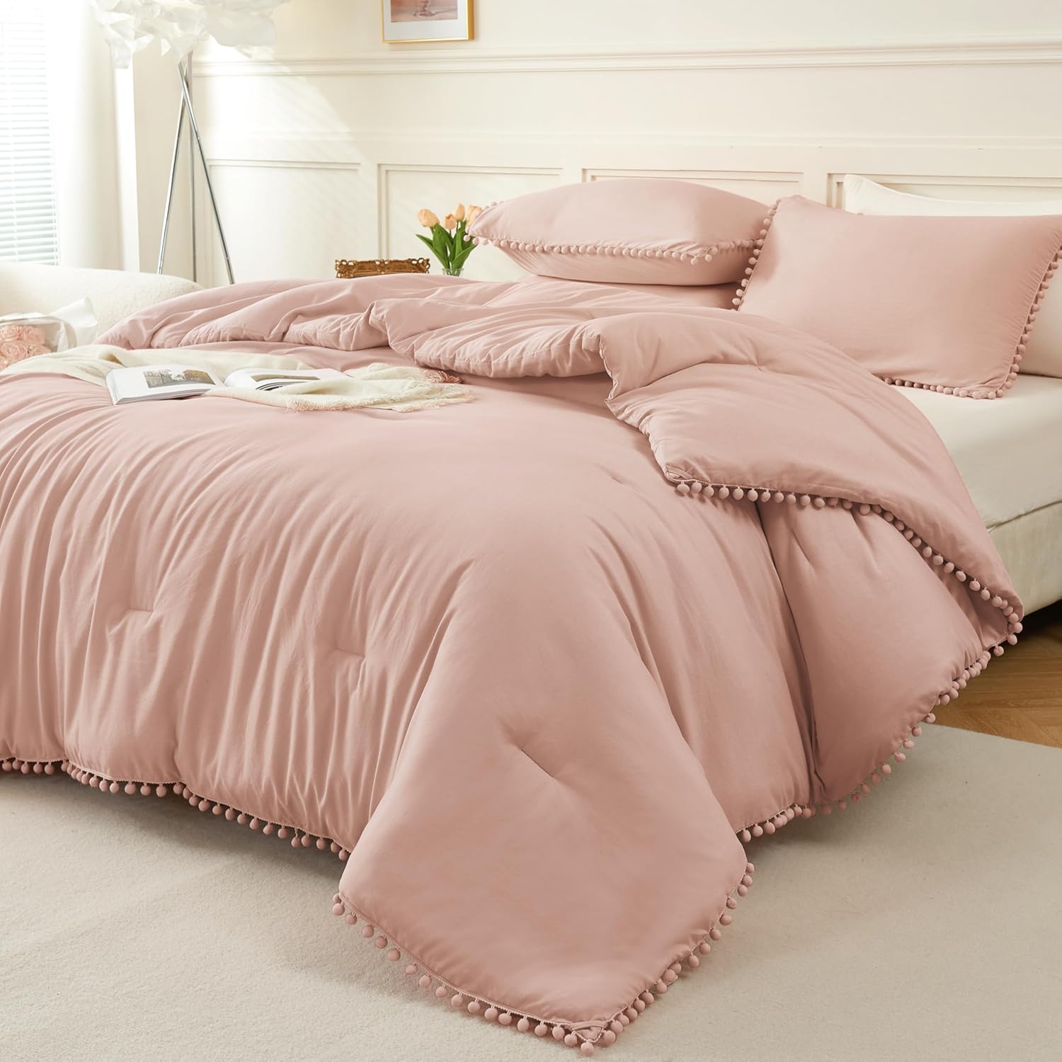 Litanika Queen Size Comforter Set Pink,3 Pieces Blush Boho Pom Pom Lightweight Bed Comforter, All Season Soft Solid Color Bedding Comforter Sets for Girls (1 Comforter 90x90 Inch, 2 Pillowcases) Blush Queen