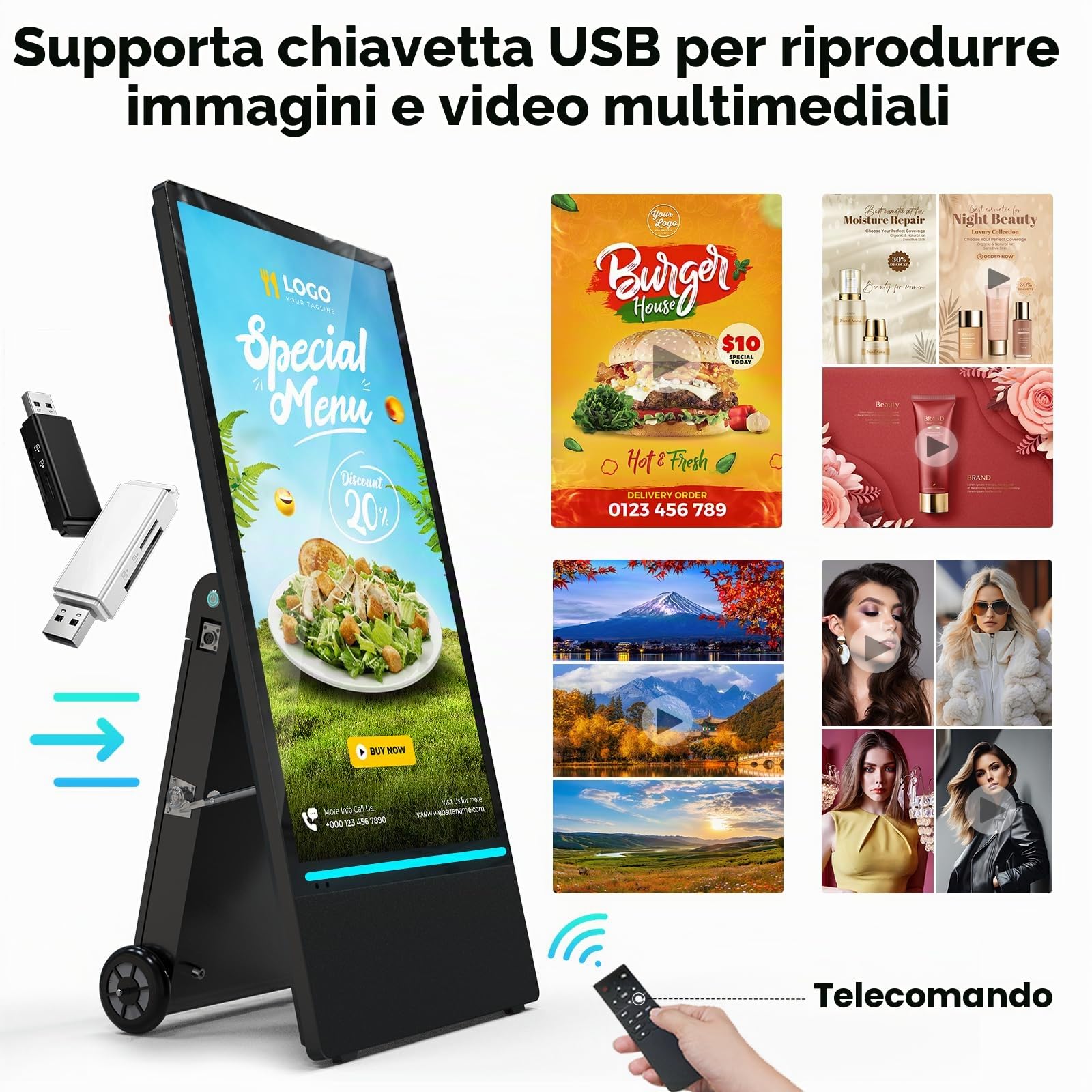YCKJNC Totem Pubblicitario Digitale da Esterno 43", Schermo Pubblicitario Alta Luminosità 2000 Nits con Batteria 10h, Stop-Trottoir Impermeabile IP65 per Ristorazione