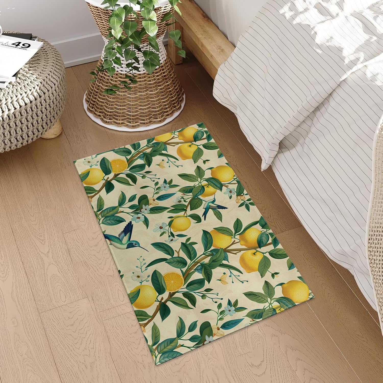 Lemon Tree and Hummingbird Indoor Door Mat, 17x29.5 Inch, Floor Area Rug for Entryway, Living Room, or Bathroom, Non-Slip Doormat, Citrus and Botanical Home Decor Rug Gifts