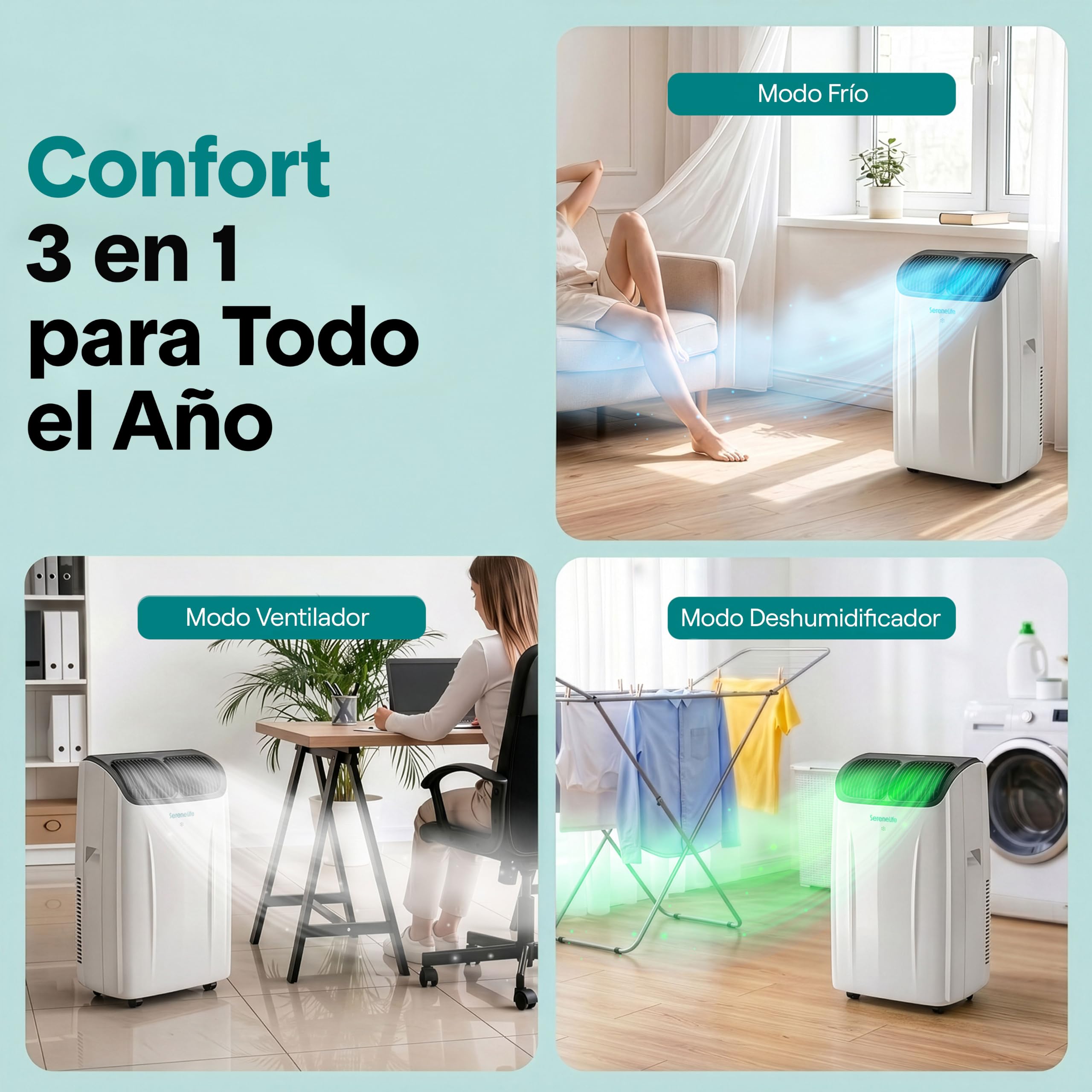 SereneLife Aire Acondicionado Portatil 12000 BTU, Climatizador 3 en 1 con Frio, Ventilador y Deshumidificador, Silencioso, con Kit de Ventana Incluido, para Hogar y Oficina