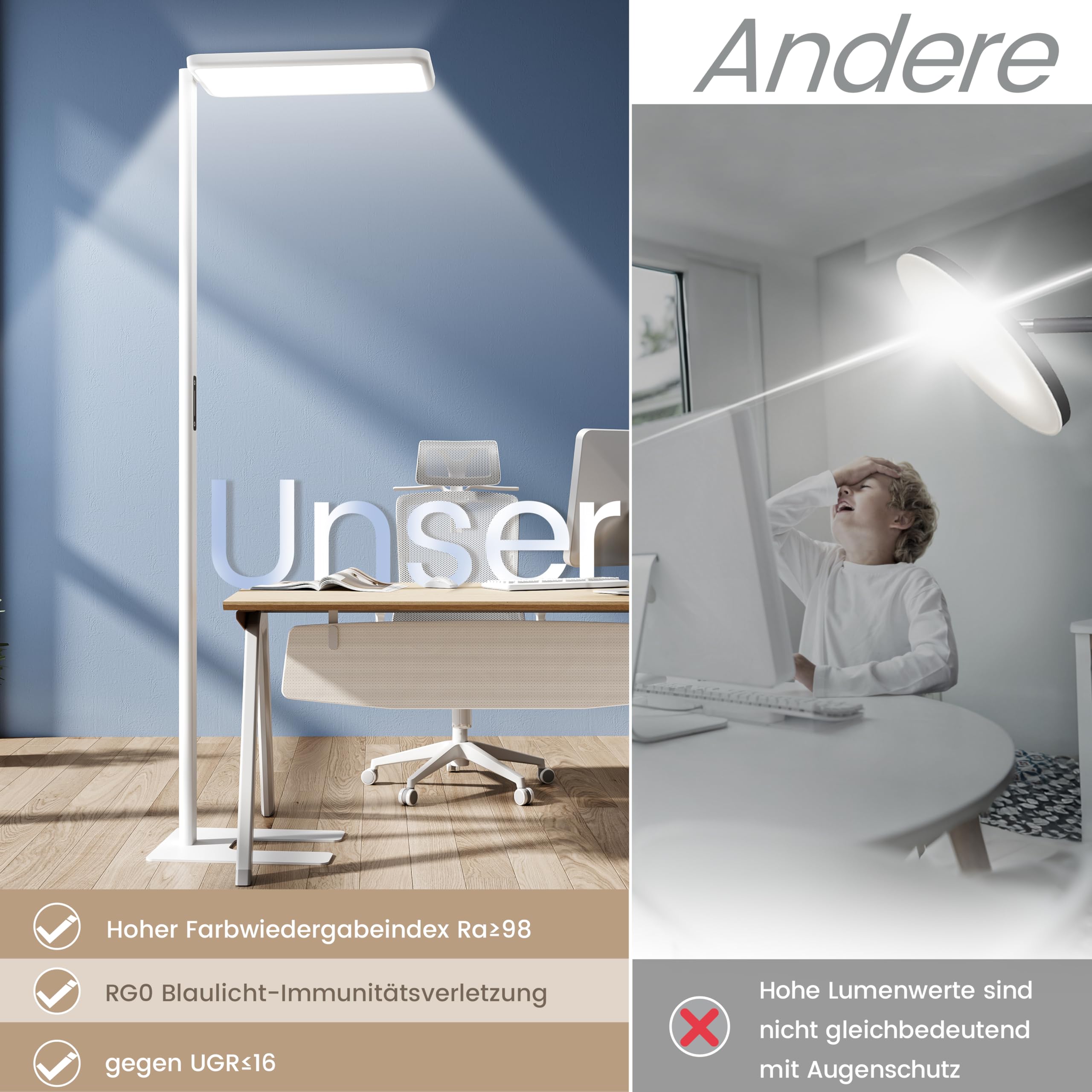 Büro Stehlampe – UGR<16, CRI>98, 6600lm, Vollspektrum | 198cm Büro Stehlampe | UGR<16 + CRI>98 | 6600lm Vollspektrum 4000K | 2 Lichtquellen getrennt dimmbar | Touch + Memory | Weiß