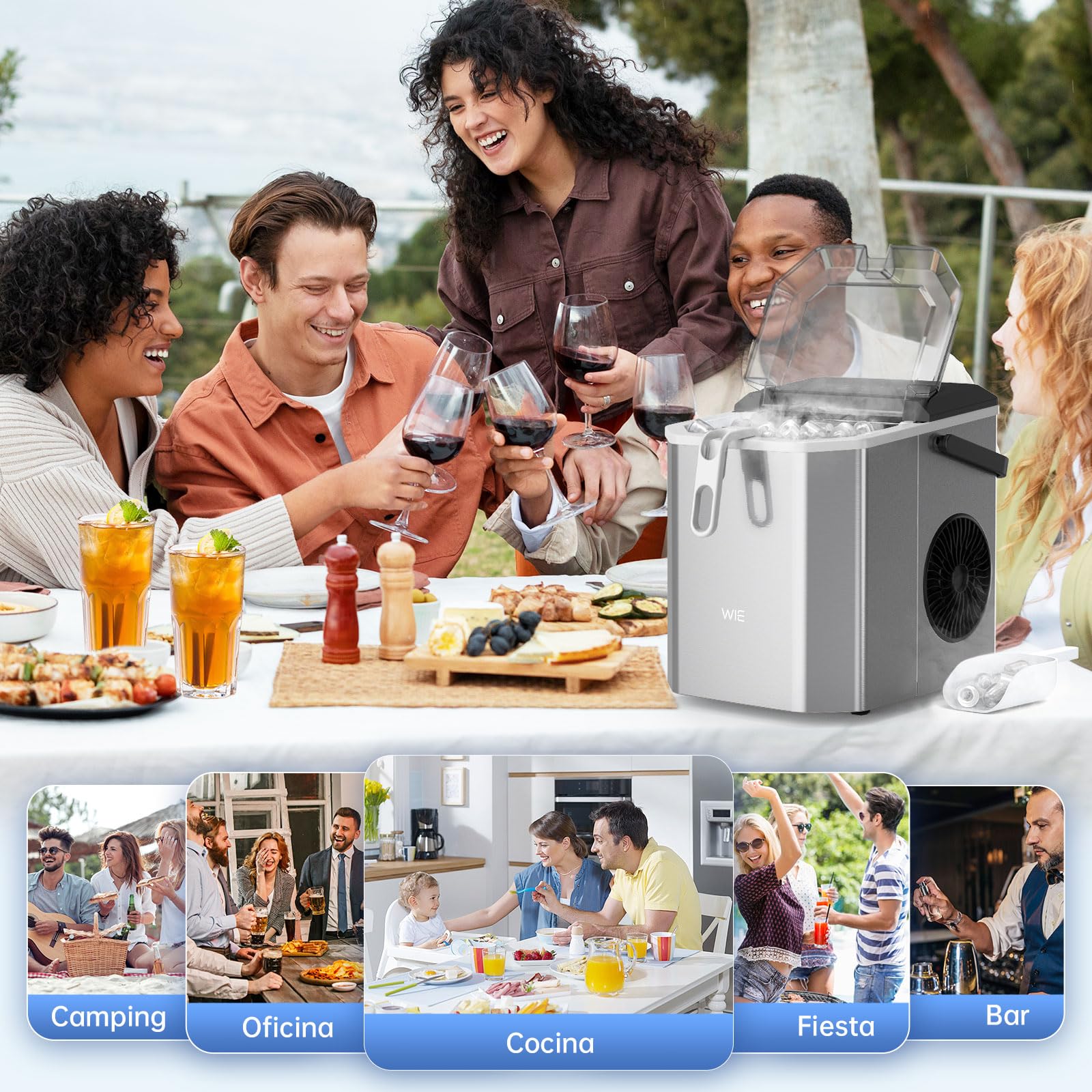 WIE Máquina de Hielo, 1.5L Autolimpiable Máquina para Hacer Hielo, 2 Tamaños de Hielo, 9 Cubitos Listos en 6 Minutos, con Asa, pala y Cesta para Hielo, Ideal para Cocina/Oficina/Bar, Acero Inoxidable