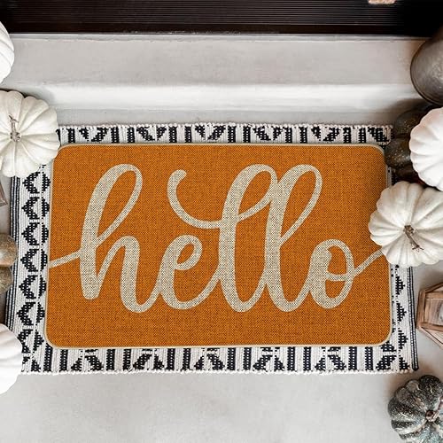 Miniatura 2 de Artoid Mode Felpudo naranja con texto en inglés "Hello Fall", decoración otoñal del hogar, tapete de bajo perfil, tapete para puerta de interior y