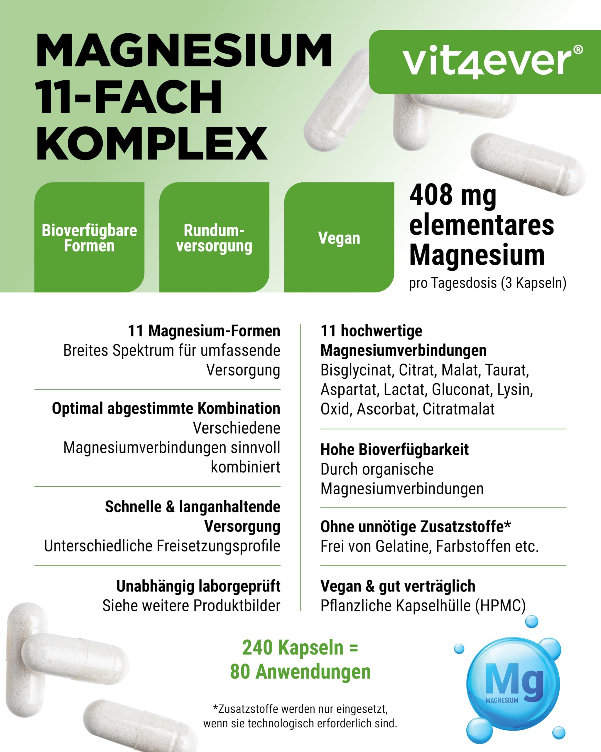 vit4ever Magnesium 11-fach Komplex - 240 Kapseln - aus 11 Verbindungen | 408 mg elementares Magnesium pro Tagesdosis, 11 hochwertige Magnesium-Formen, hohe Bioverfügbarkeit, vegan