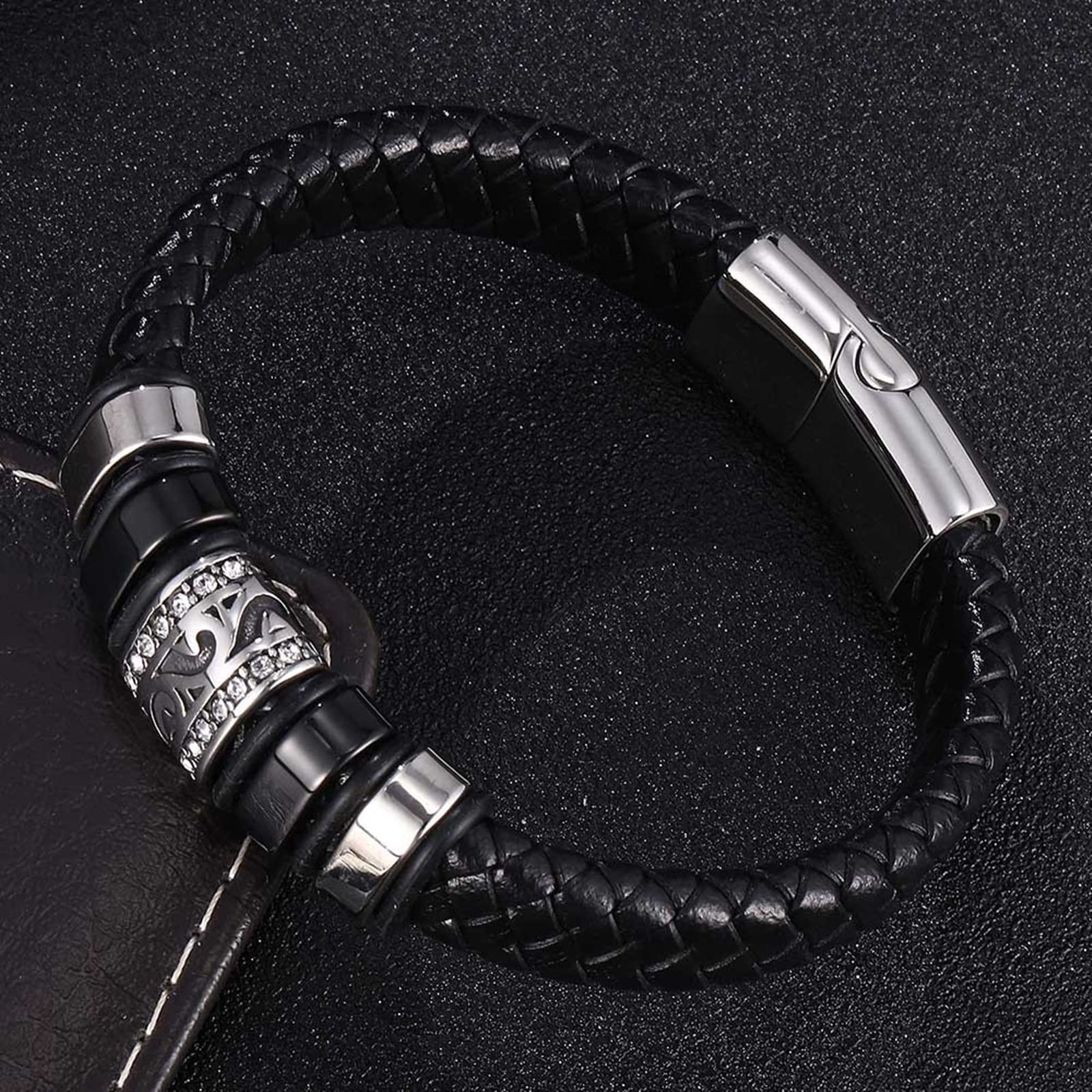 Armband für Herren aus Edelstahl, Herrenarmband, schwarzes geflochtenes Lederarmband mit silberner Schnalle, 16,5 cm Länge, Hip-Hop-Schmuck, Herrenarmband