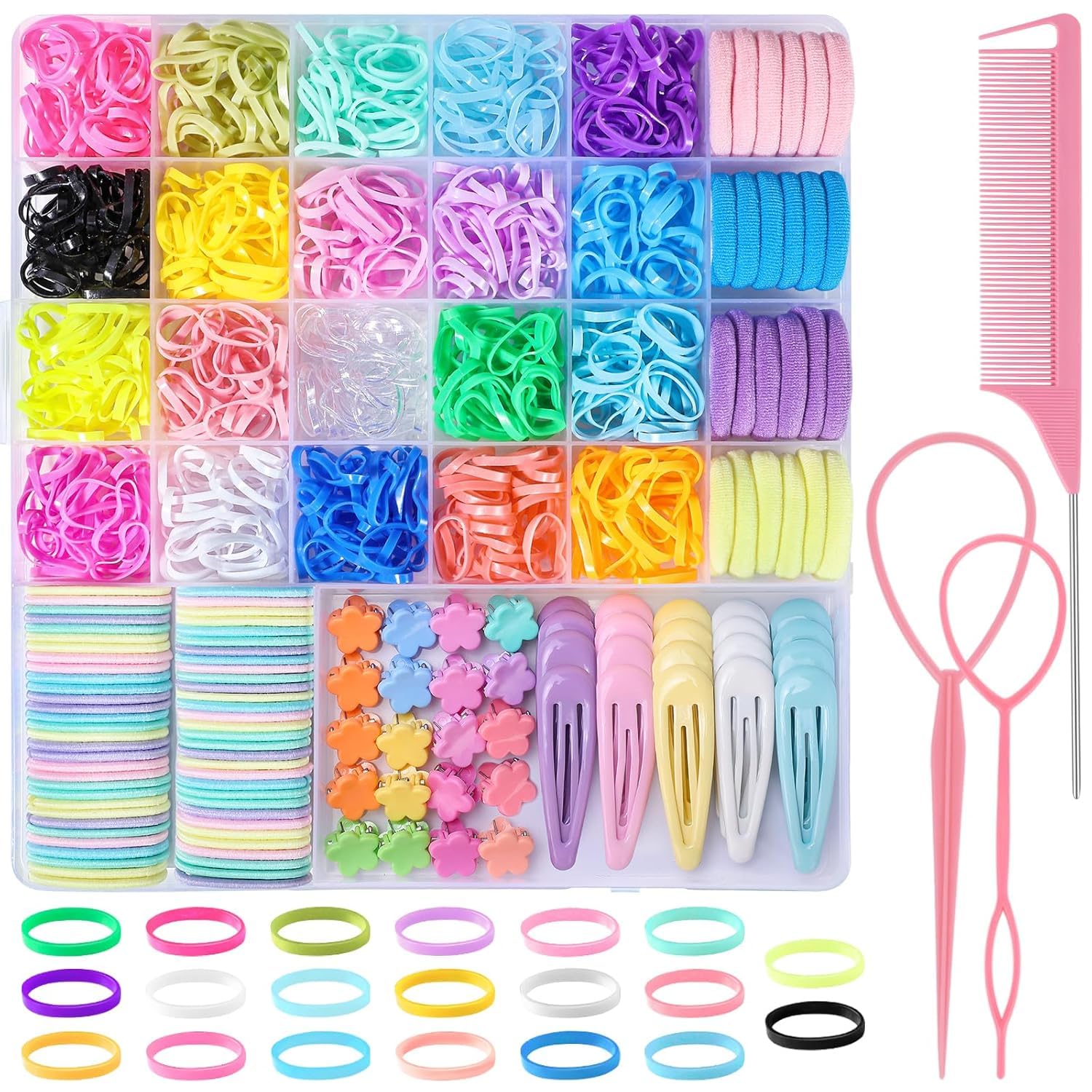 1503 Piezas Gomitas para el Pelo, Coleteros Pelo Niña Gomas del Pelo Colores Accesorios para el Pelo con 40 Pinzas Pelo Niña + 3 Ayuda para Trenzar el Pelo + 1 Caja de Almacenamiento (20 Colores)