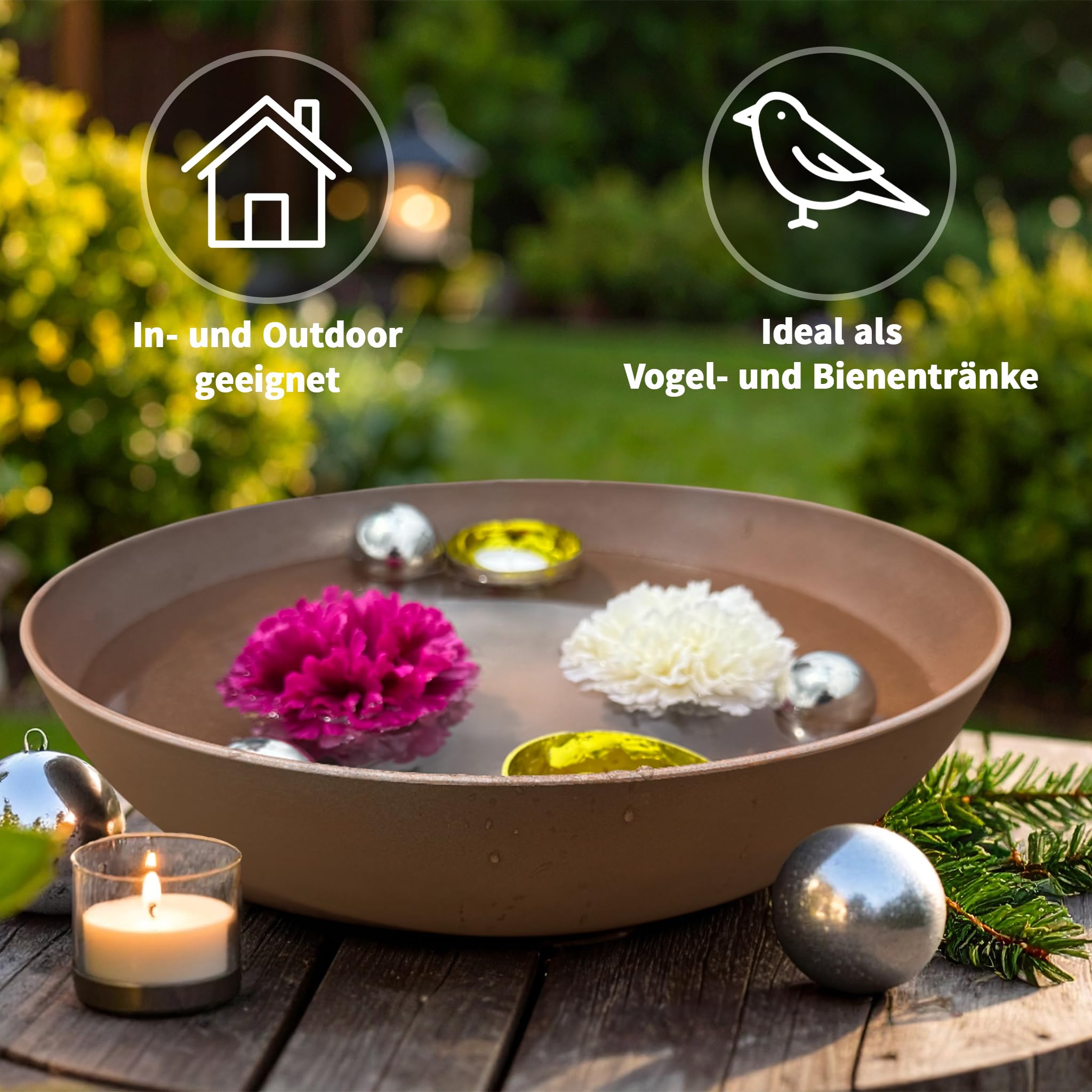 matches21 HOME & HOBBY Mini étang complet avec pot de fleurs bombé rouillé Ø 37 cm avec boules flottantes et photophores argentés