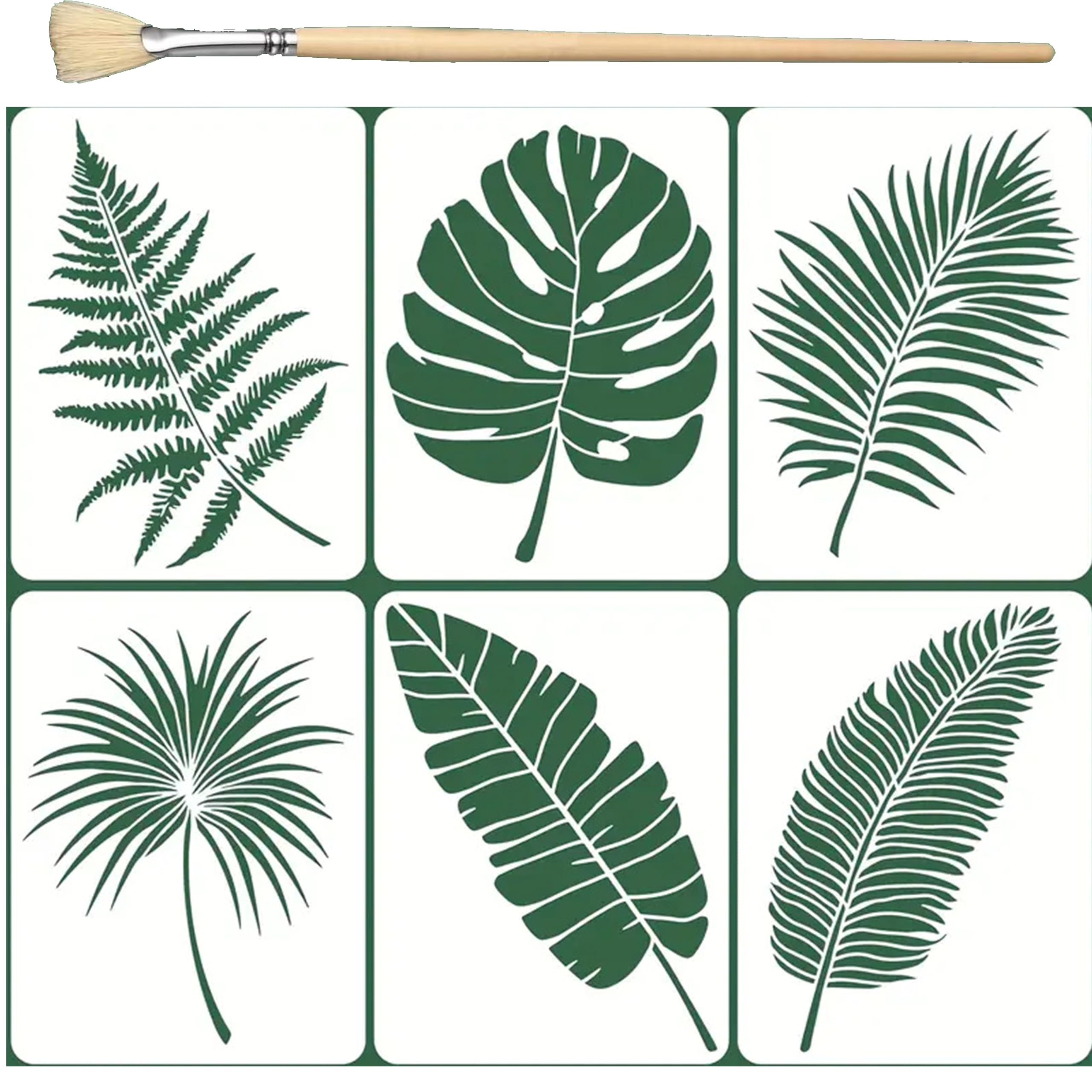 Yuelulala 6 Pcs Large Leaf Stencils with Brushes for Painting on Walls Plant Stencil, Palm Leaf Wall Stencil,Drawing Templates for Painting on Wood Canvas Card Paper Furniture Wall Door Decor(A309-2)