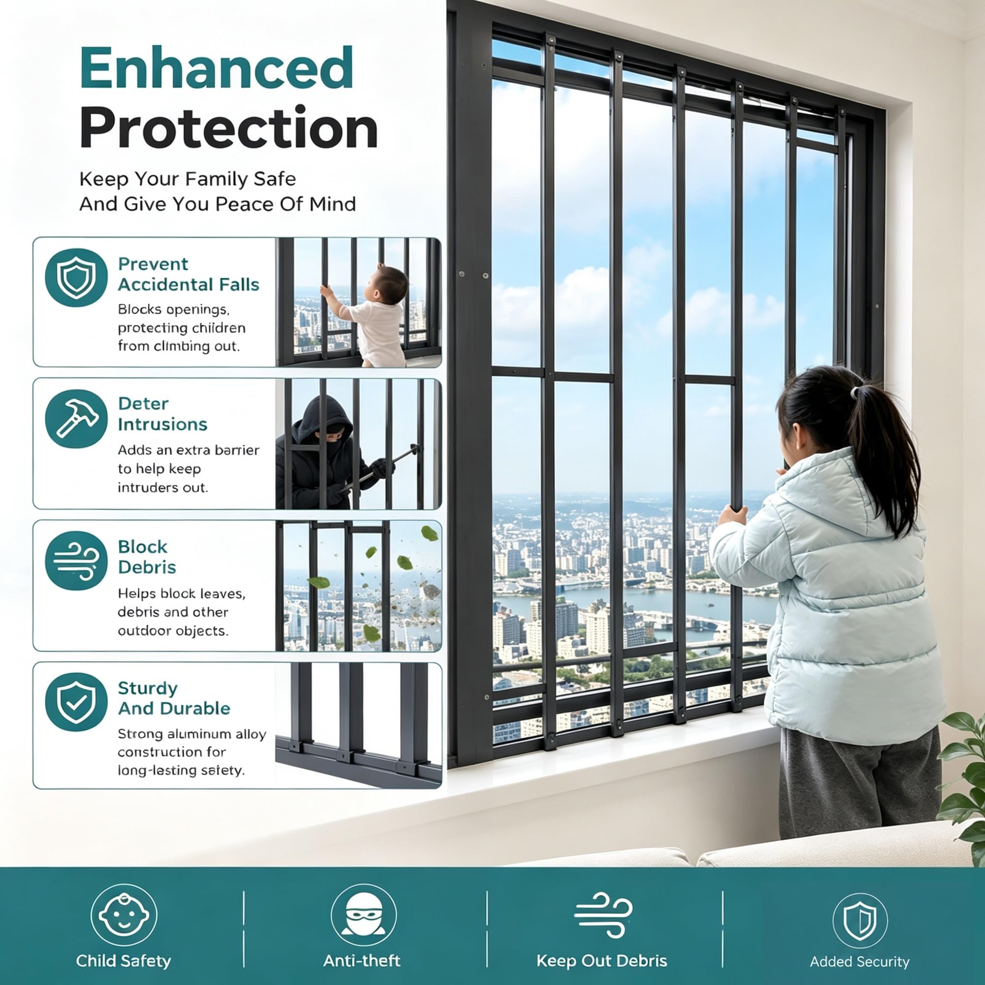 Rejas para Ventanas Exteriores Rejas De Seguridad Para Ventanas Correderas De Altura Personalizada | Aluminio Resistente Al Óxido, Barrera De Seguridad Interior Extraíble, Sin Perforaciones, Protector(A,48cm/19.2in)