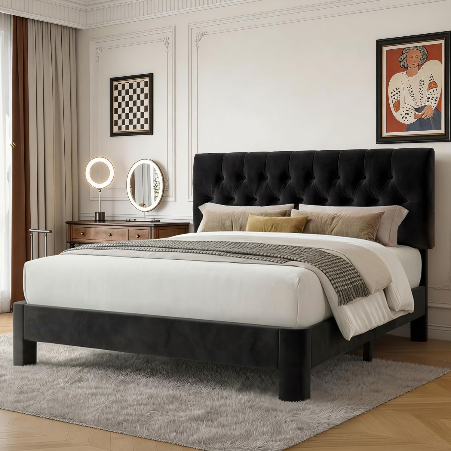 Vipbear Queen Bed Frame, Velvet Fabric Upholstered Platform Bed with Button Tufted Headboard, Strong Wooden Slats Support, Noise Free, Easy Assembly, Adjustable Headboard, No Box Spring Needed, Black | Plush velvet, Varied fit, Velero Design, Rounded legs