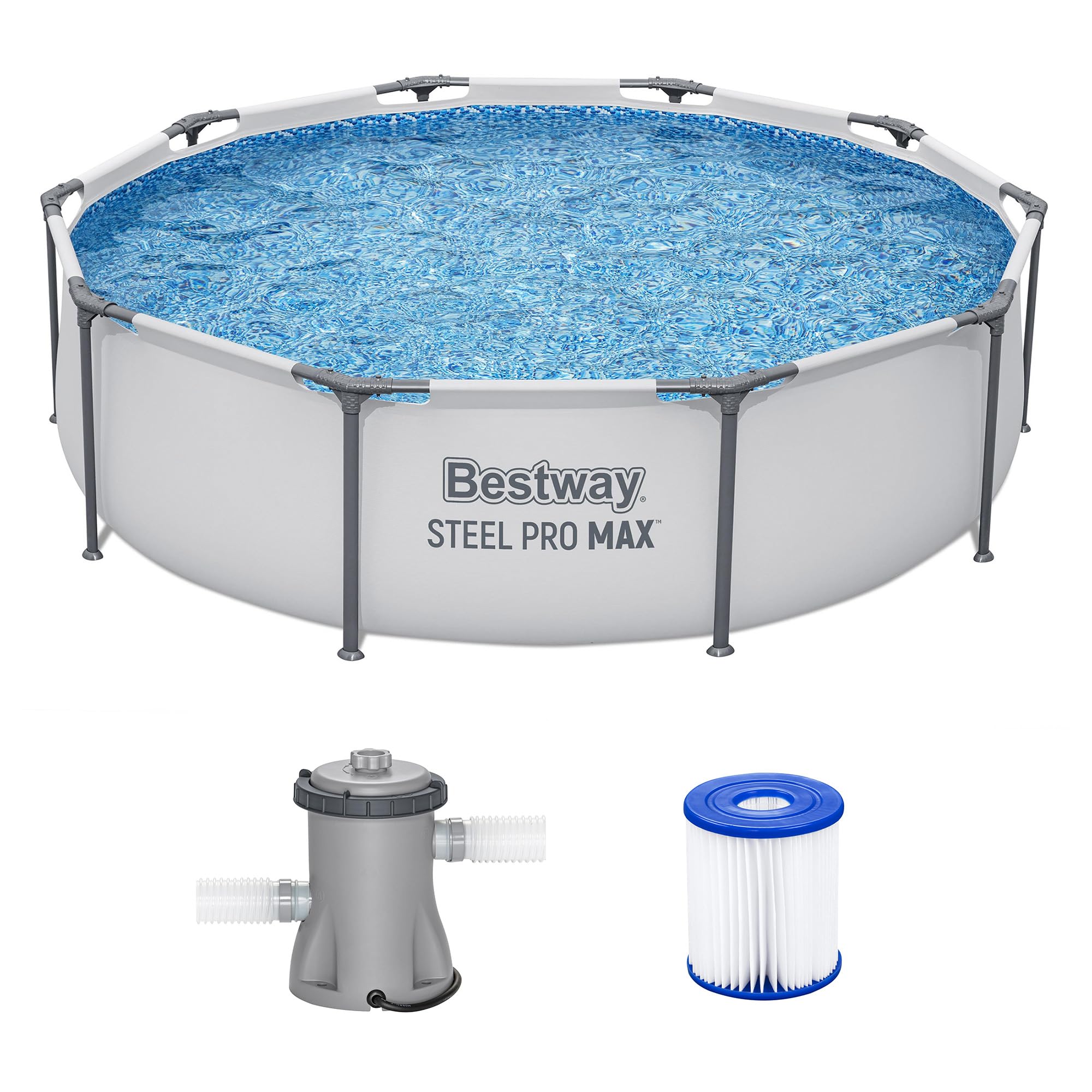 Bestway Steel Pro MAX 10' x 30" Above Ground Pool, Round Metal Frame Outdoor Swimming Pool Set with Filter Pump & Type I Cartridge, Gray
