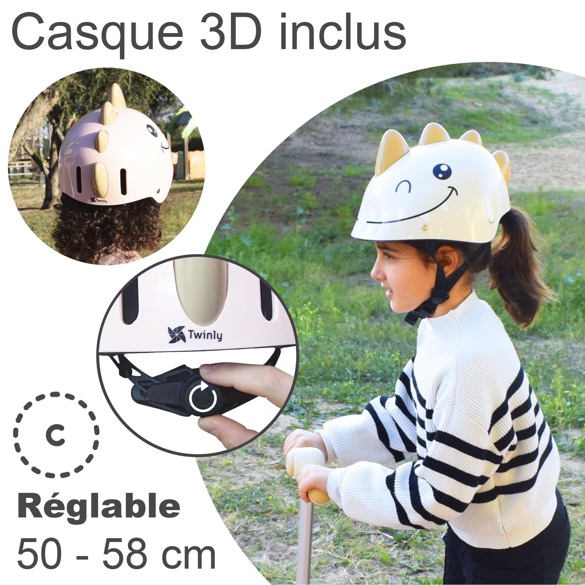 Twinly Dinly Trottinette évolutive 3 en 1 avec casque, 1–6 ans, Blanc