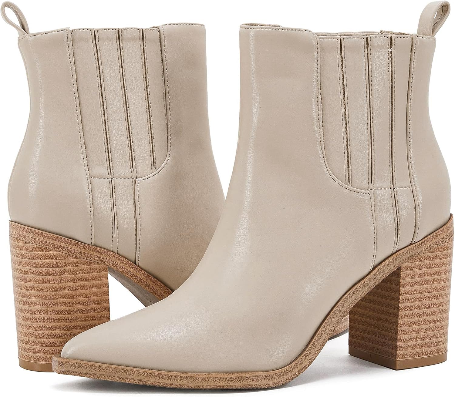 Womens Ankle Boots Slip on Pointed Toe Chunky Block Mid Heel Leather Elastic Panel Casual Chelsea Western Booties - Image 5