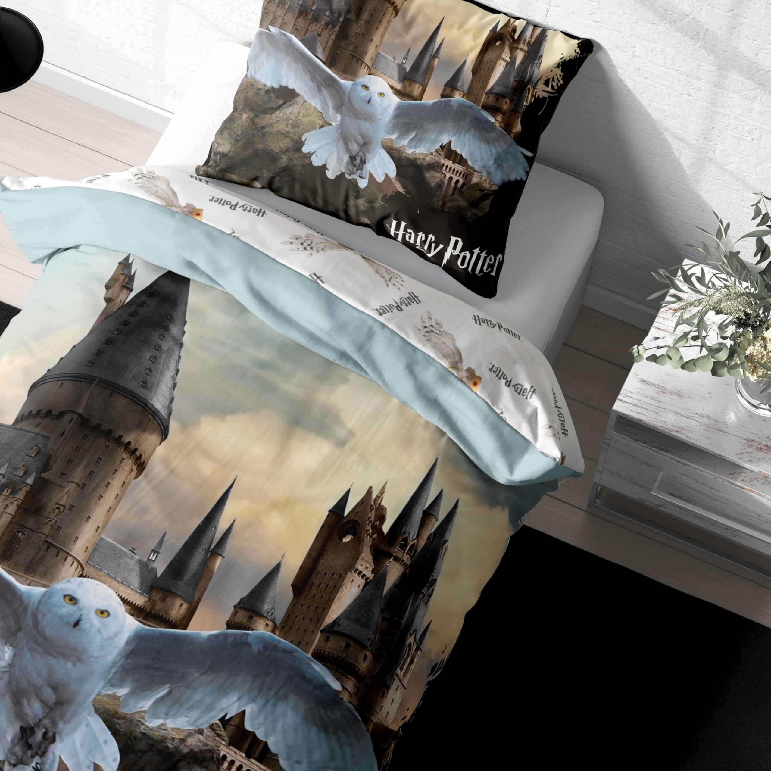 Harry Potter - Juego de ropa de cama (140 x 200 cm, algodón, 1 funda de almohada de 63 x 63 cm y funda nórdica de 140 x 200 cm), diseño de búho Hedwig