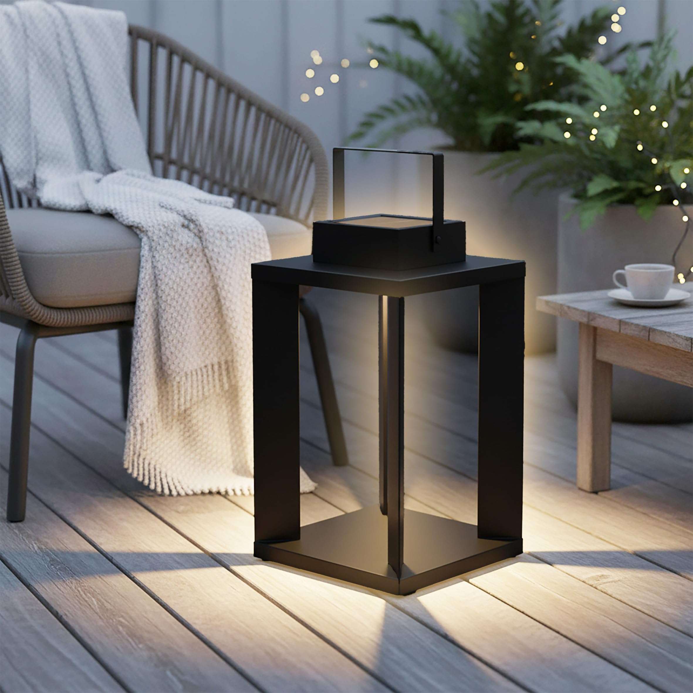 Lanterna solare in metallo, colore nero, 25 LED, luce bianca calda, 45 x 22 cm, a energia solare, di alta qualità, massiccia, per giardino, terrazza, balcone