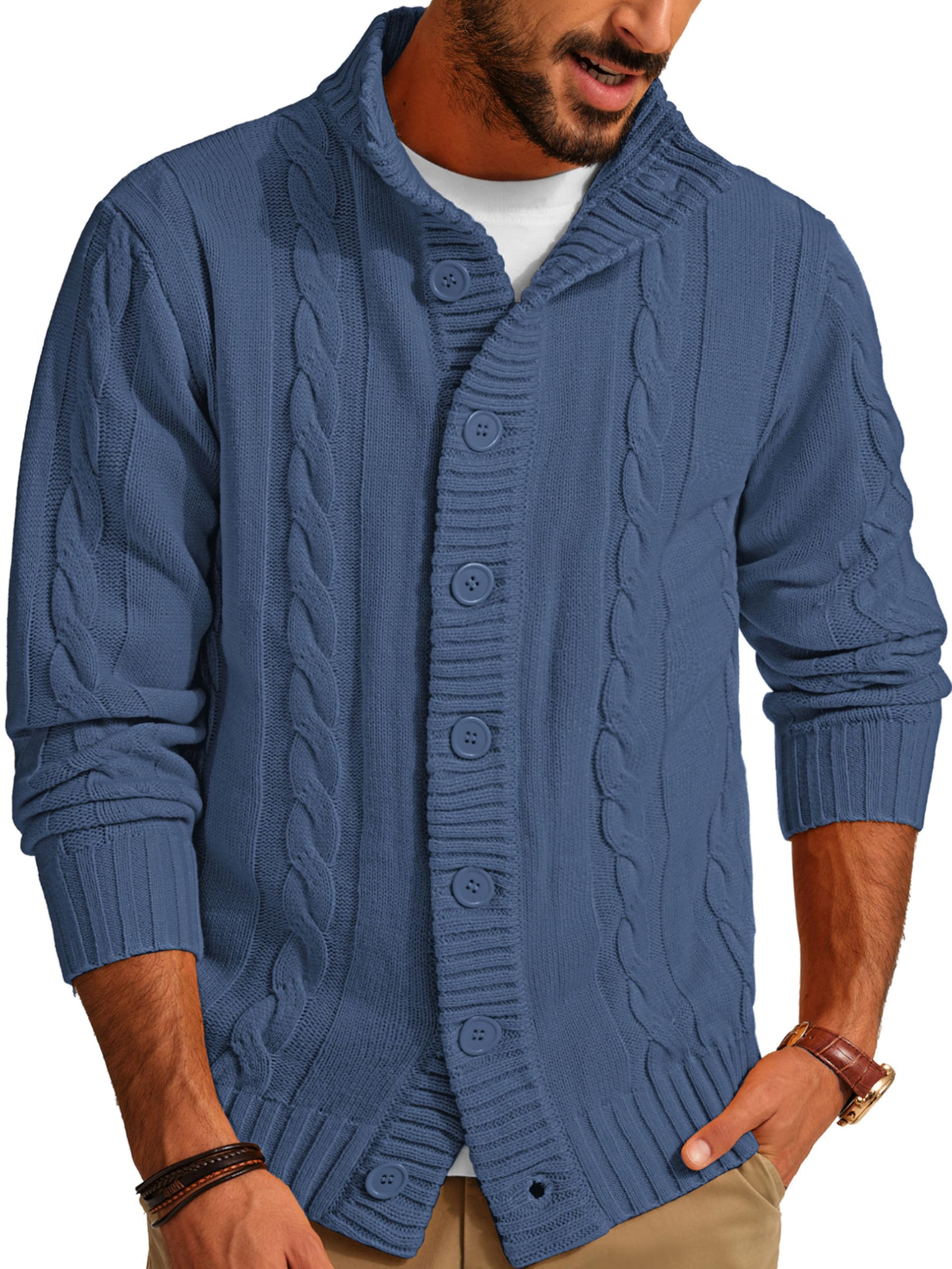 PJ PAUL JONES Cardigan da uomo con chiusura a bottoni, motivo a treccia, con colletto alto a coste, per autunno e inverno