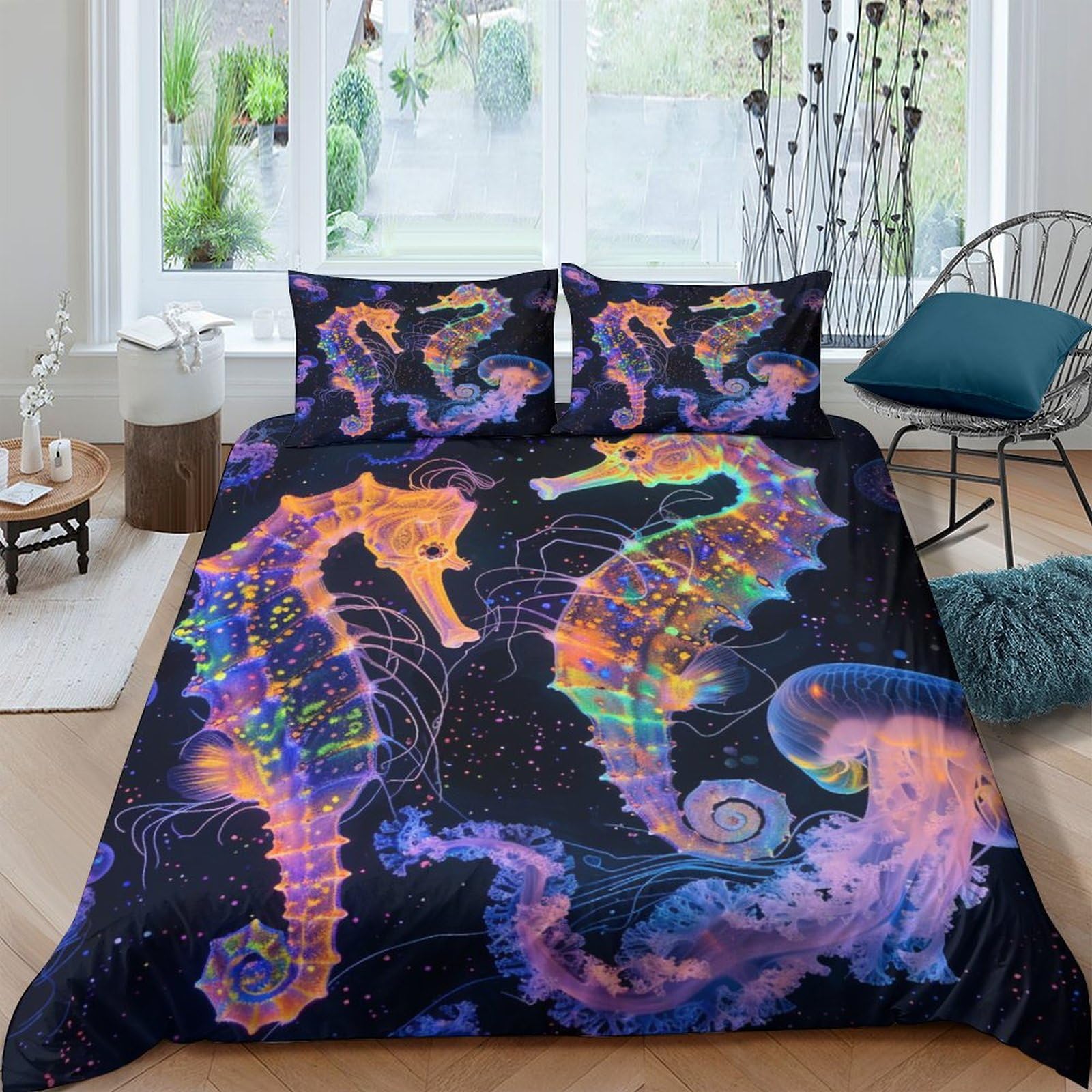 Parure de lit hippocampes 3D 220x240 cm avec housse et taies en microfibre pour enfant