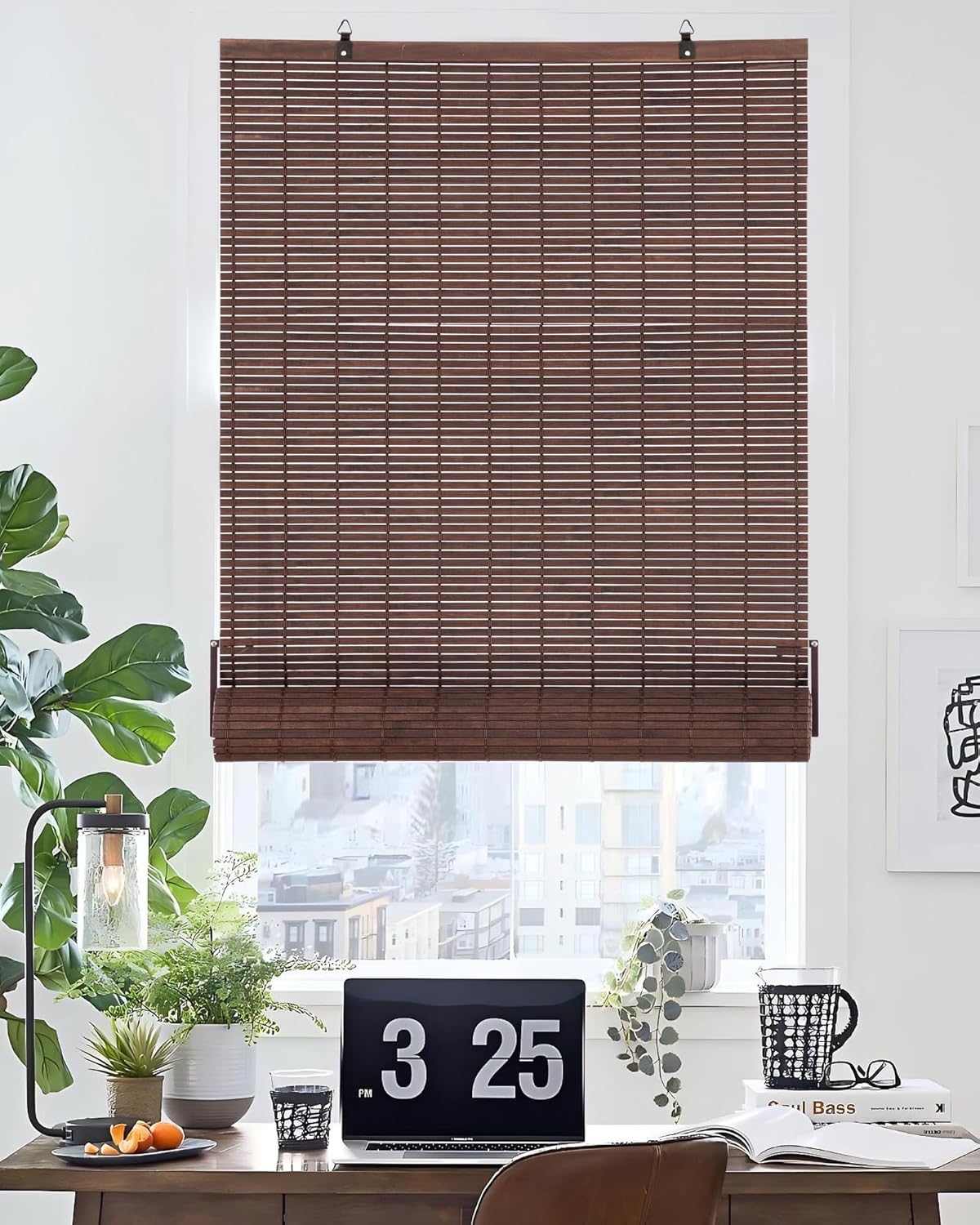 32''W X 72''H Cordless Bamboo Roman Shades, Light Filtering Roll Up Bamboo Blinds for Interior Window Home Patio Porch, Drak Brown Coffee Color 32\"W x 72\"H