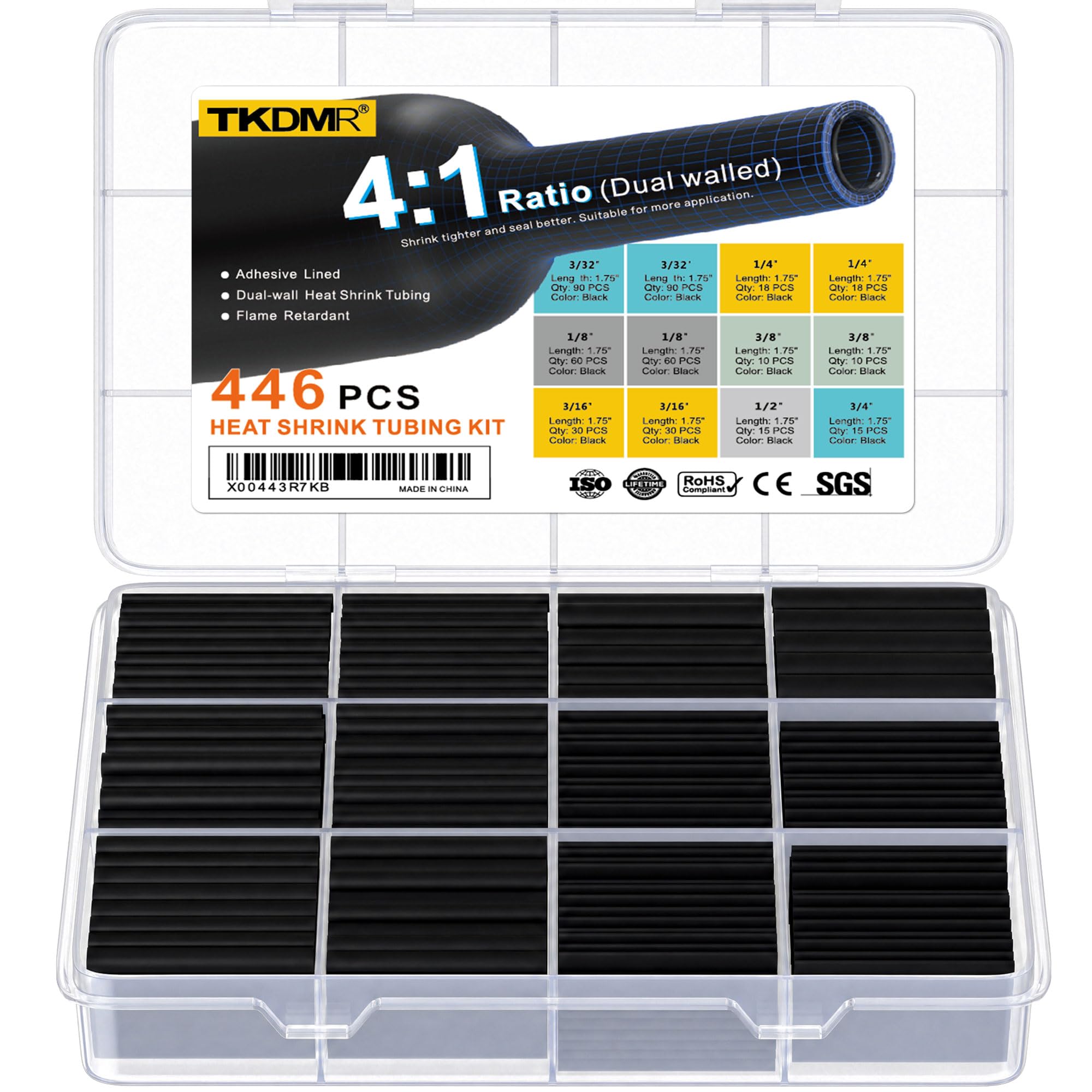 TKDMR Kit de gaines thermorétractables 446 fils, avec adhésif de rapport 4:1, film rétractable de qualité marine, tube thermorétractable industriel, noir