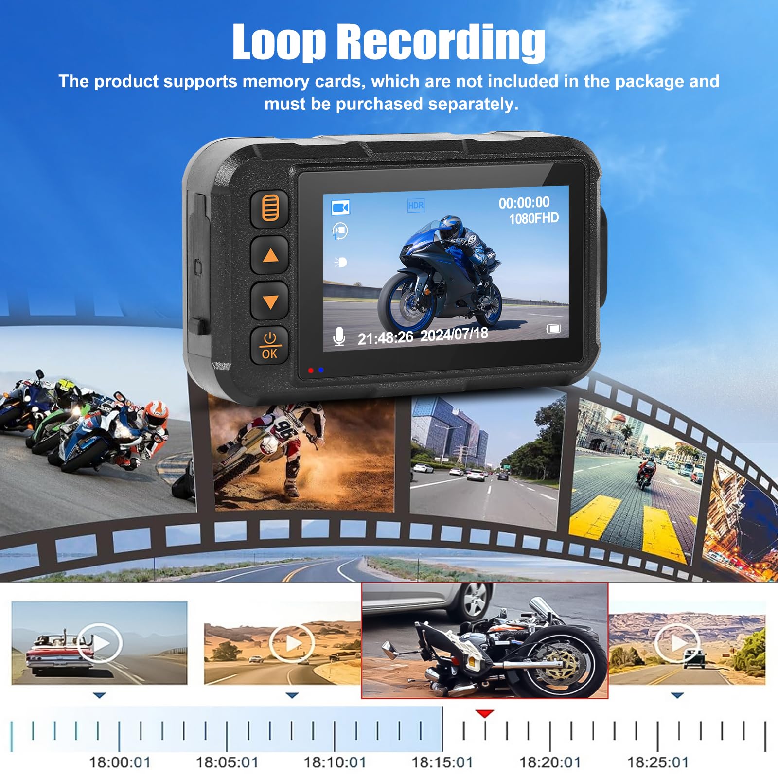 CAMECHO Moto Dash CAM Pantalla de 3 Pulgadas, IP67 Impermeable, Doble Cámara Gran Angular 120 Grados, Cámara para Moto de 90 Grados con HDR, Sensor G, Grabación en Bucle
