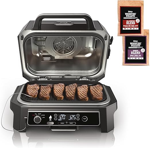 Ninja | Parrilla y ahumador | Woodfire Pro XL para exteriores | Parrilla 4 en 1, ahumador de barbacoa, freidora de aire y horneado | Portátil | Incluye termómetro integrado y 2 paquetes de pellets