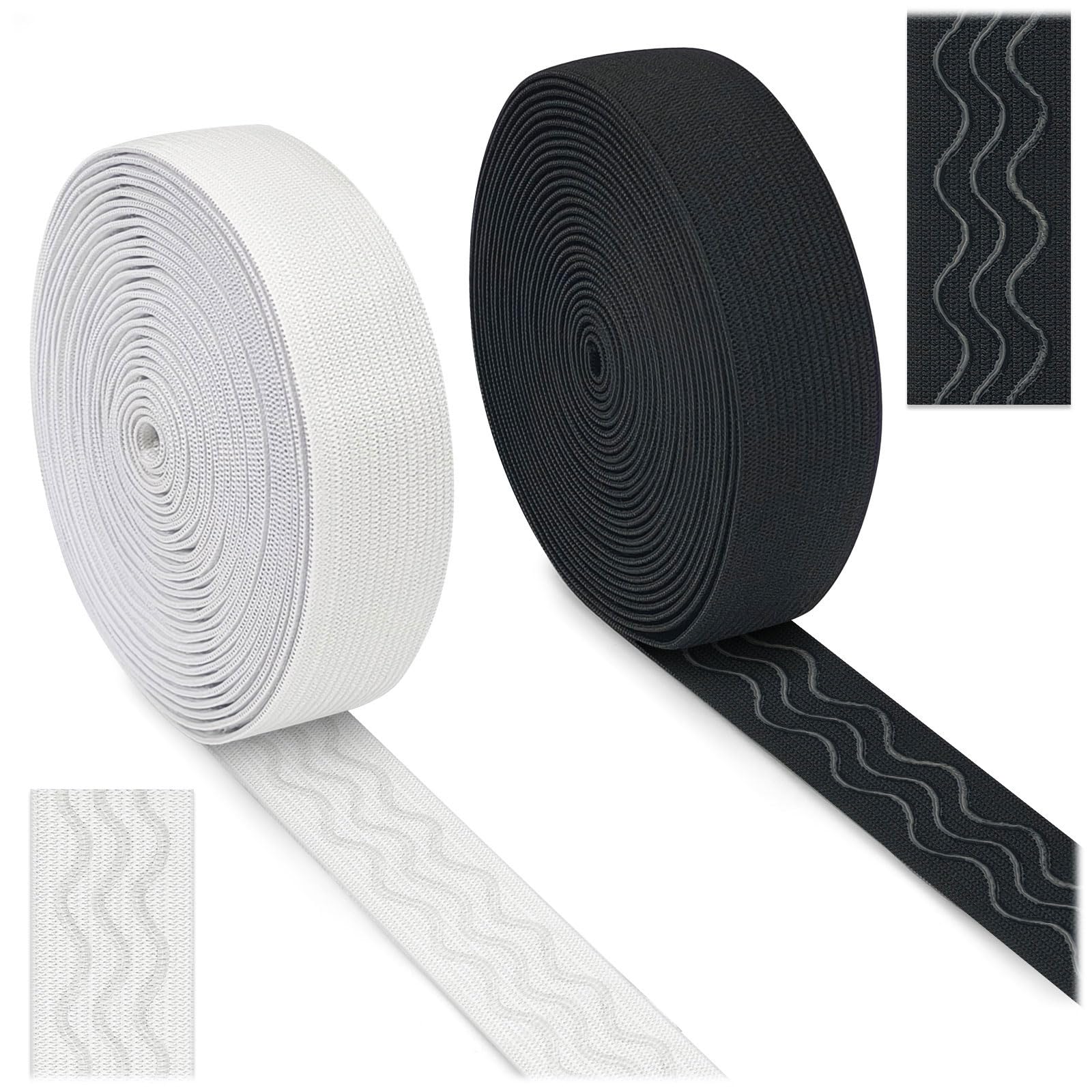 Diakey 2 Rolls Silicone Gripper Elastic Band for Sewing, 2.5cm x 4.6m, Non Slip Wave Silicone Grip Tape Stretchy Ribbon for Clothing Pants Waistband Wig Making, Black + White