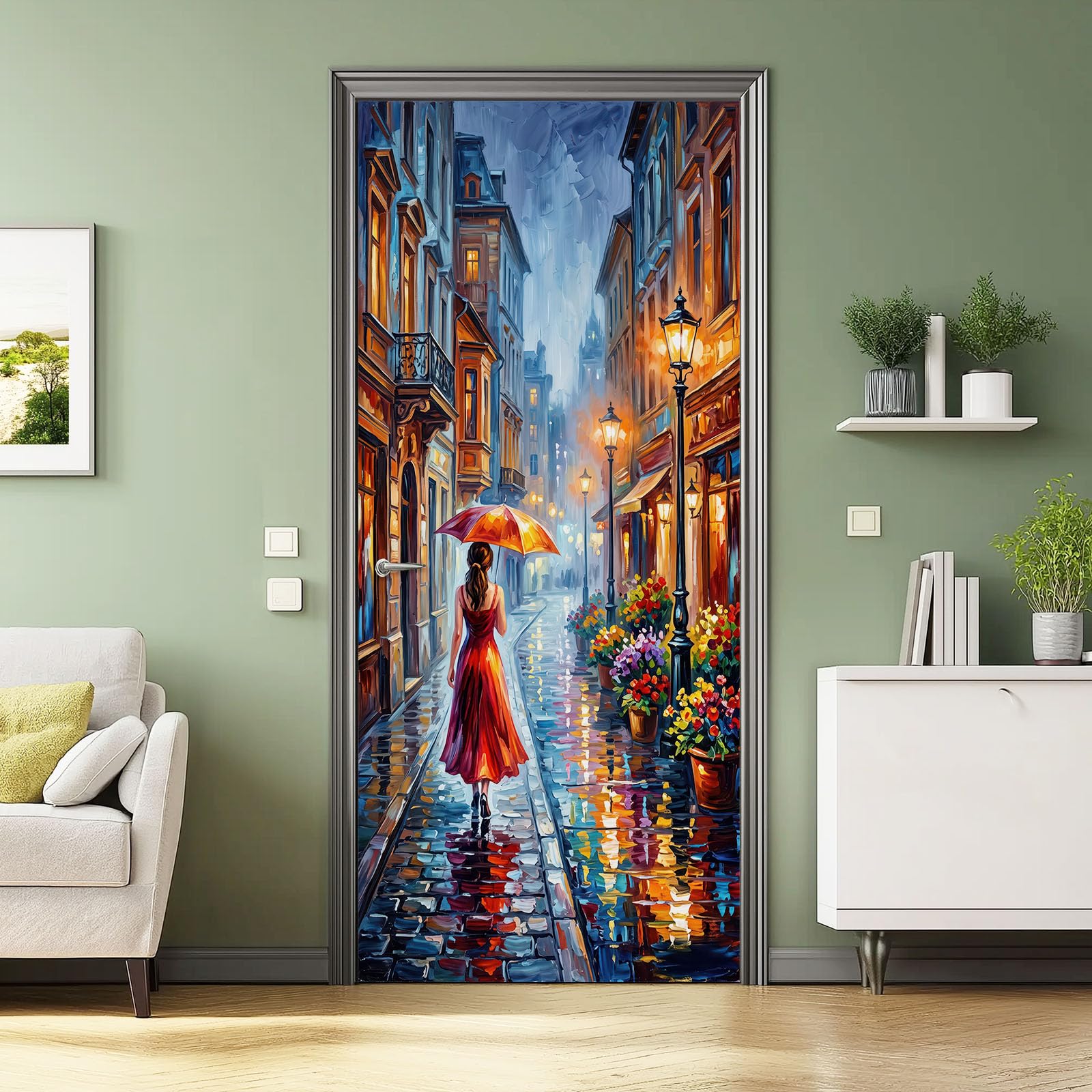Szary obraz olejny, folia na drzwi, plakat 90 x 200 cm – wodoszczelna, zdejmowana naklejka na drzwi z PCW, ulica miejska, wzór kobiety, samoprzylepna, naklejka ścienna do łazienki, kuchni, dekoracja