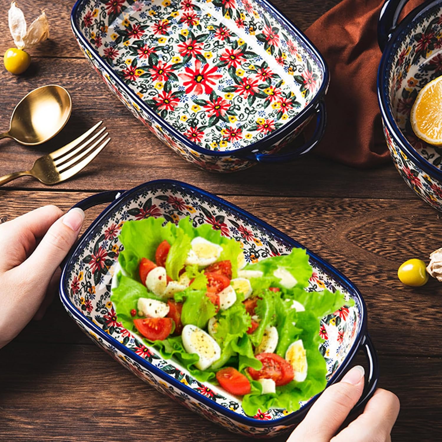 Baking Dish, 1900ml Heat-resistant Ceramic Oven Dish with Dual Handles, Daisy Print Rectangle Lasagne, Non Slip Washable Casserole Dishes for Oven Kitchen.