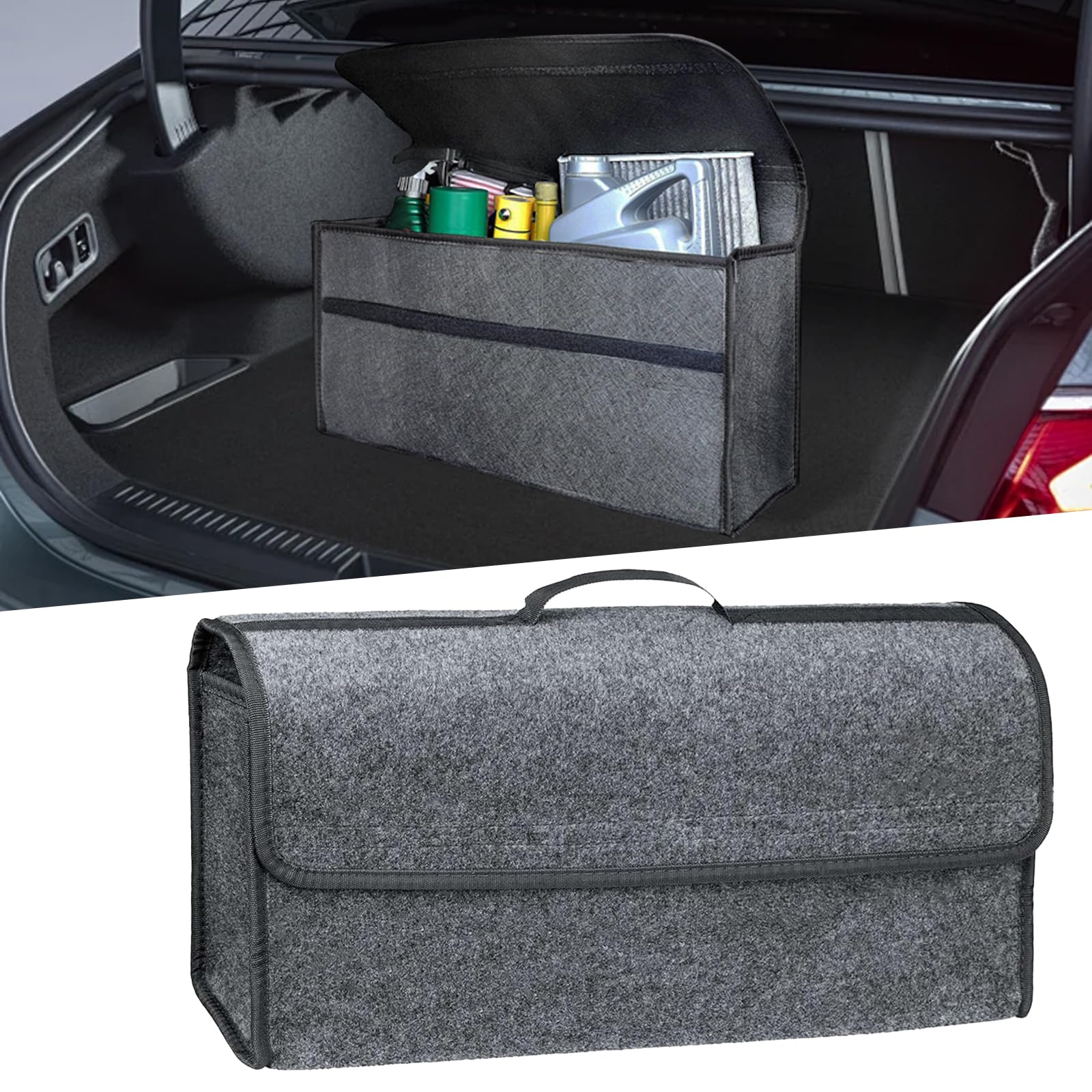 Hiahxc Grey Car Boot Organiser Bag, Foldable Car Boot Organiser Storage, Anti Slip Felt Trunk Tidy Bag For Storage Auto Tools & Interior Declutter - Suitable For All Vehicles (, Large)