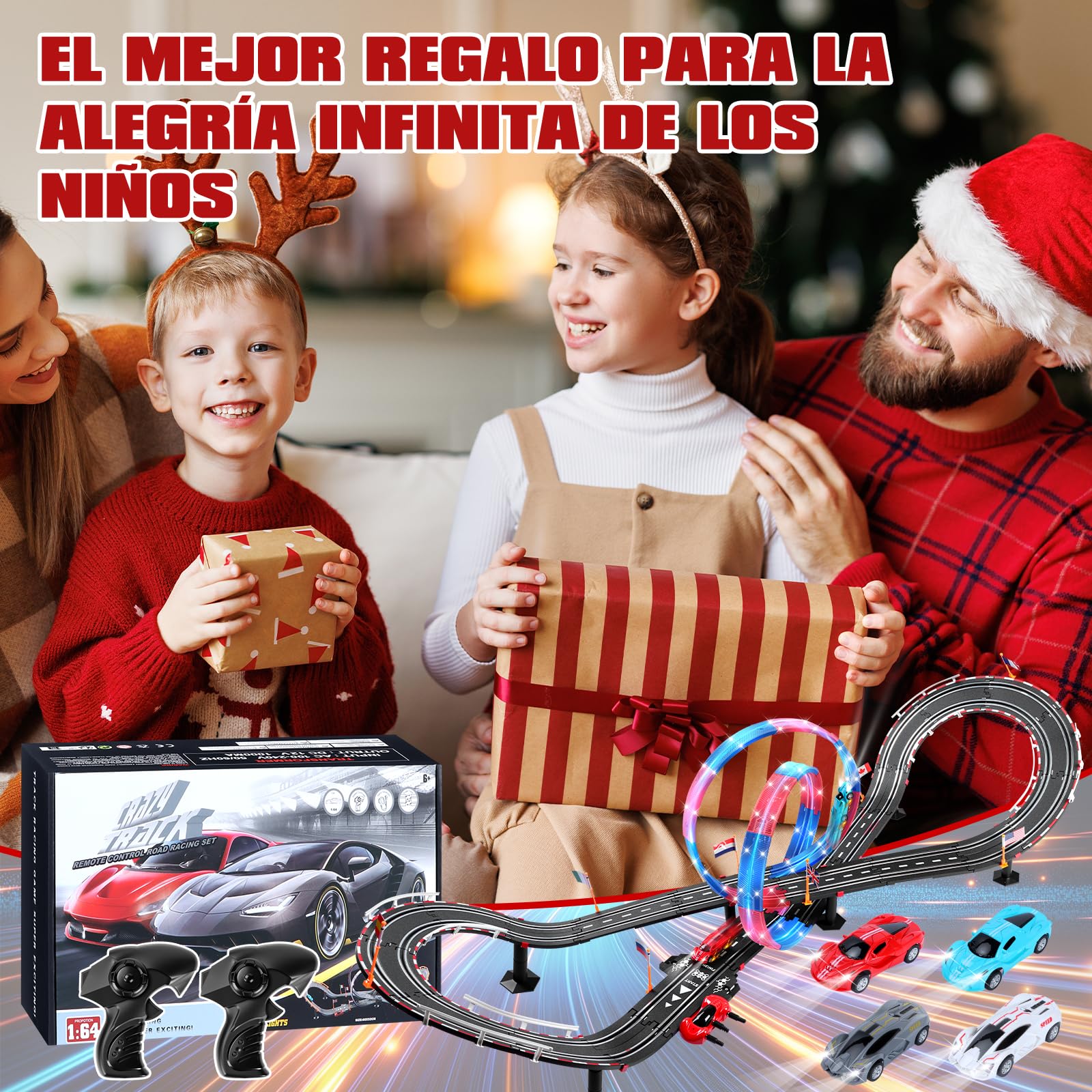 Pista Carreras Electrica, Iluminado Pista de Coches para Niños 1:64 Pista Autos -4 LED Coches, Bucle 360°, Euroconector, Contador Vueltas, Circuito Coche Niños 3+ Años Juguete Regalos (L)