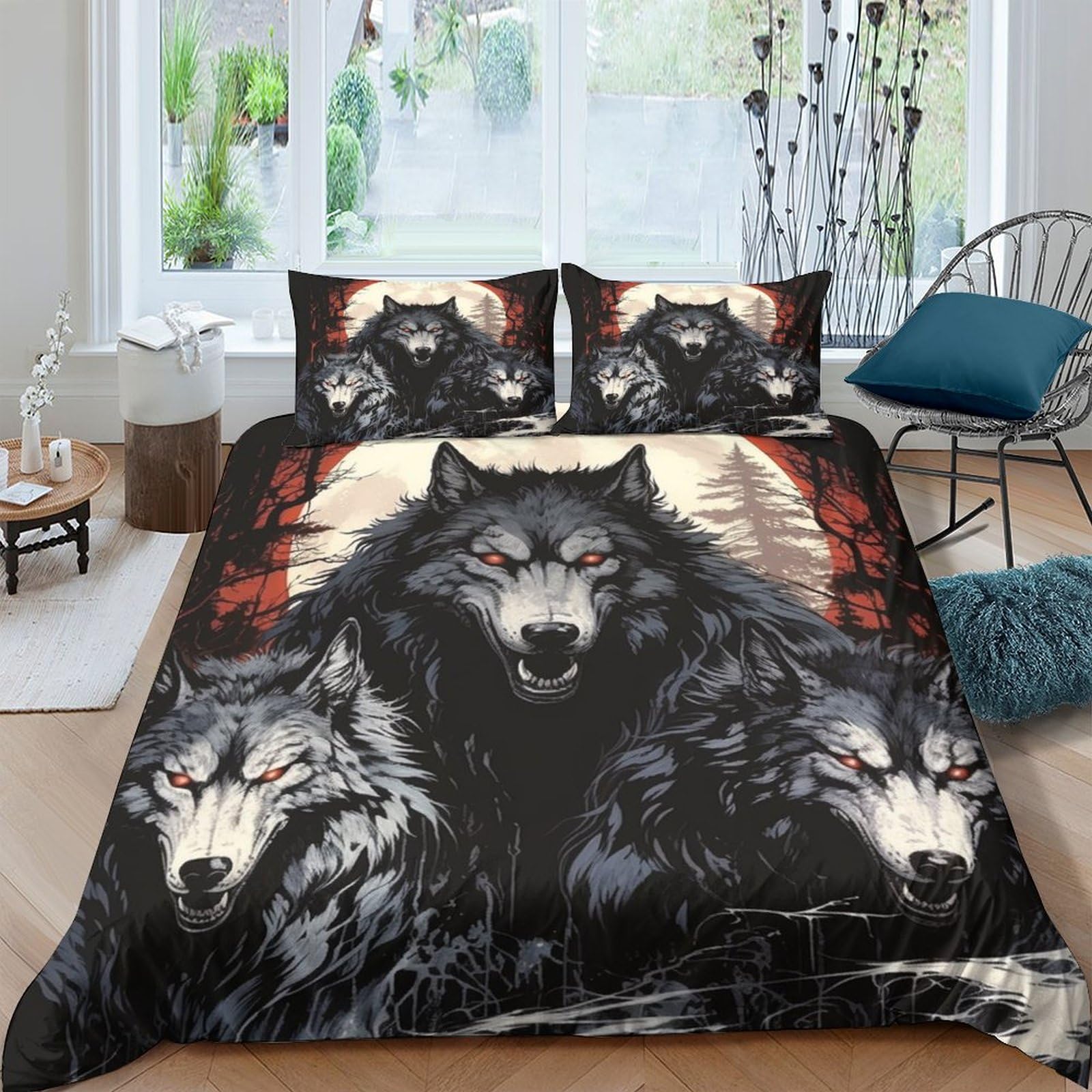 Housse de couette loup 220x240 sans repassage parure lit microfibre anti-plis
