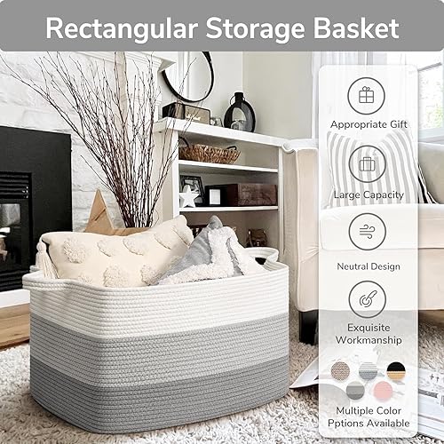 Vista 163 de Goodpick Cesta grande de almacenamiento de juguetes, cestas de cuerda de algodón gris para bebés, niños, cesta de almacenamiento tejida con asa