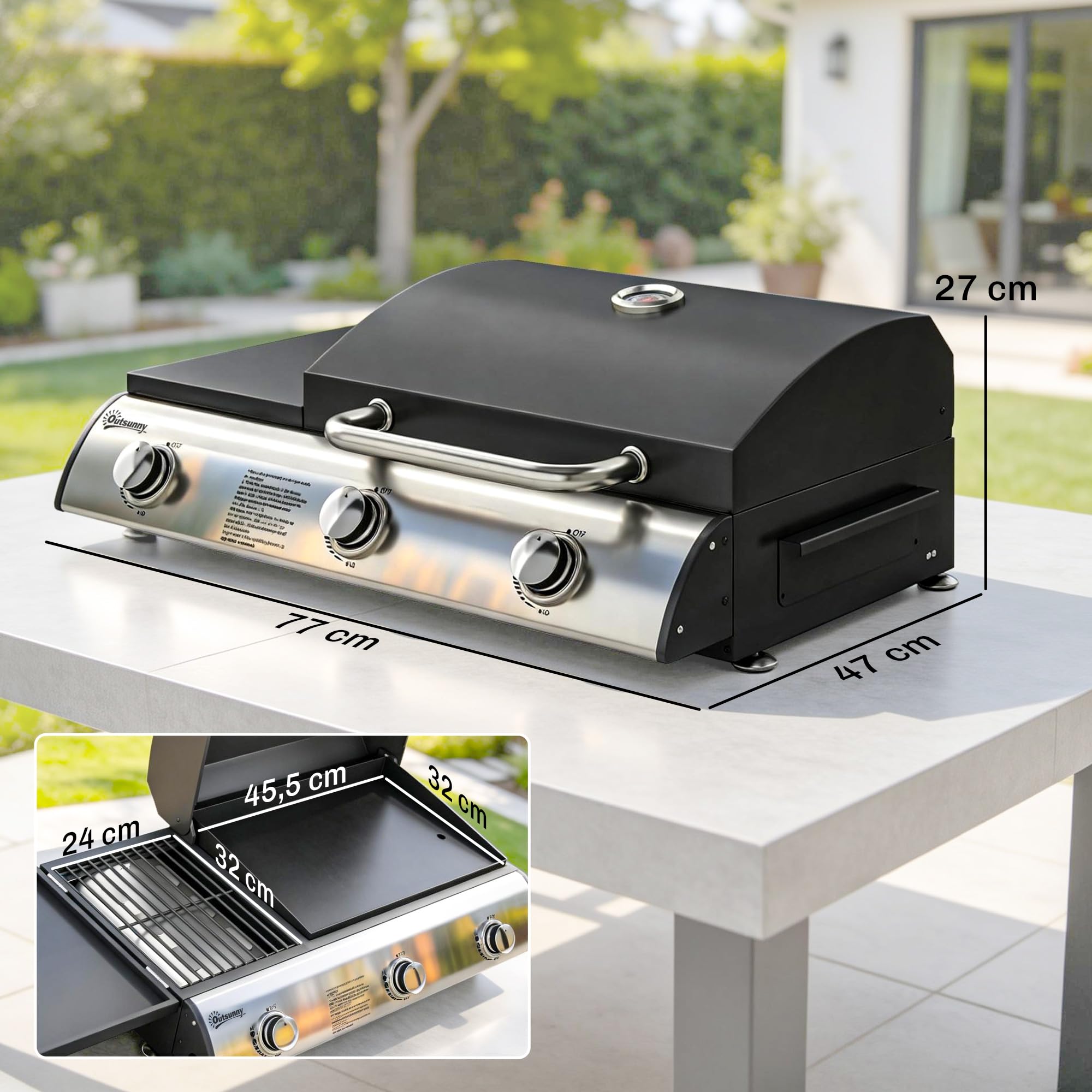 Outsunny Barbecue à Gaz de Table 3 Brûleurs - Combiné Gril et Plancha avec Couvercle et Thermomètre - 7,5 kW Portable pour Camping Balcon Terrasse - Surface de Cuisson 2224 cm², Noir