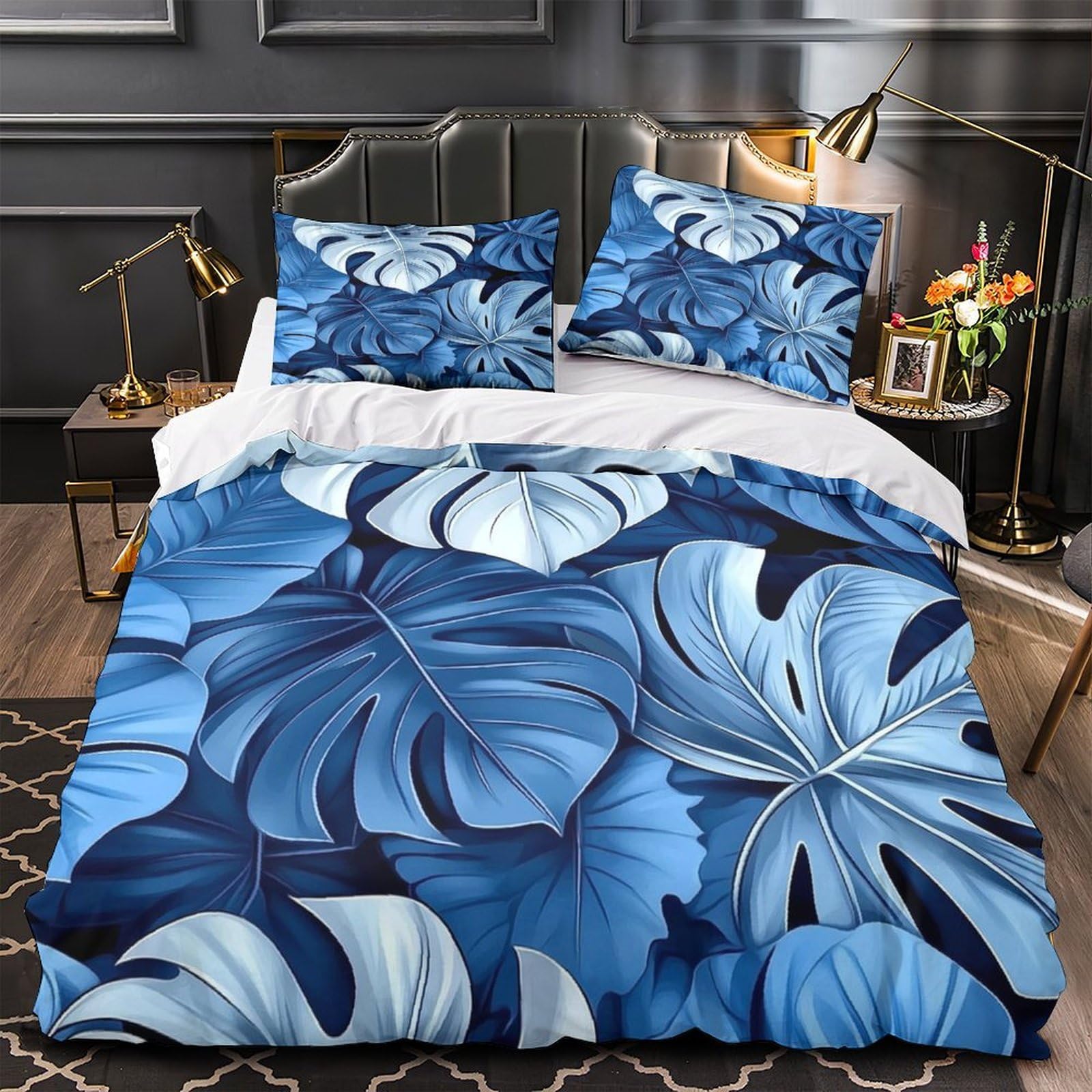MMDASBVPE Blue Leaf Pattern Duvet Cover 3D Design Printed Anti-allergic 3 Pieces Bedding Set Zipper Comforter Cover Hotel Quality Breathable for Adults Kids Women Teens Youth Double（200x200cm）