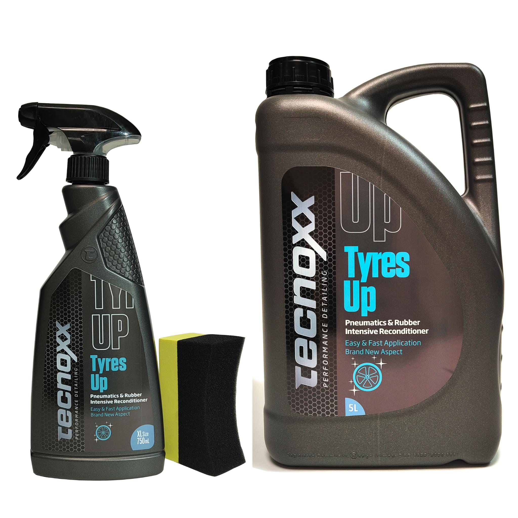 Tecnoxx Tyres Up Pack 750 mL + 5 L – Abrillantador e Hidratador de Neumáticos y Gomas, Brillo Intenso, Protección UV y Resultados Profesionales