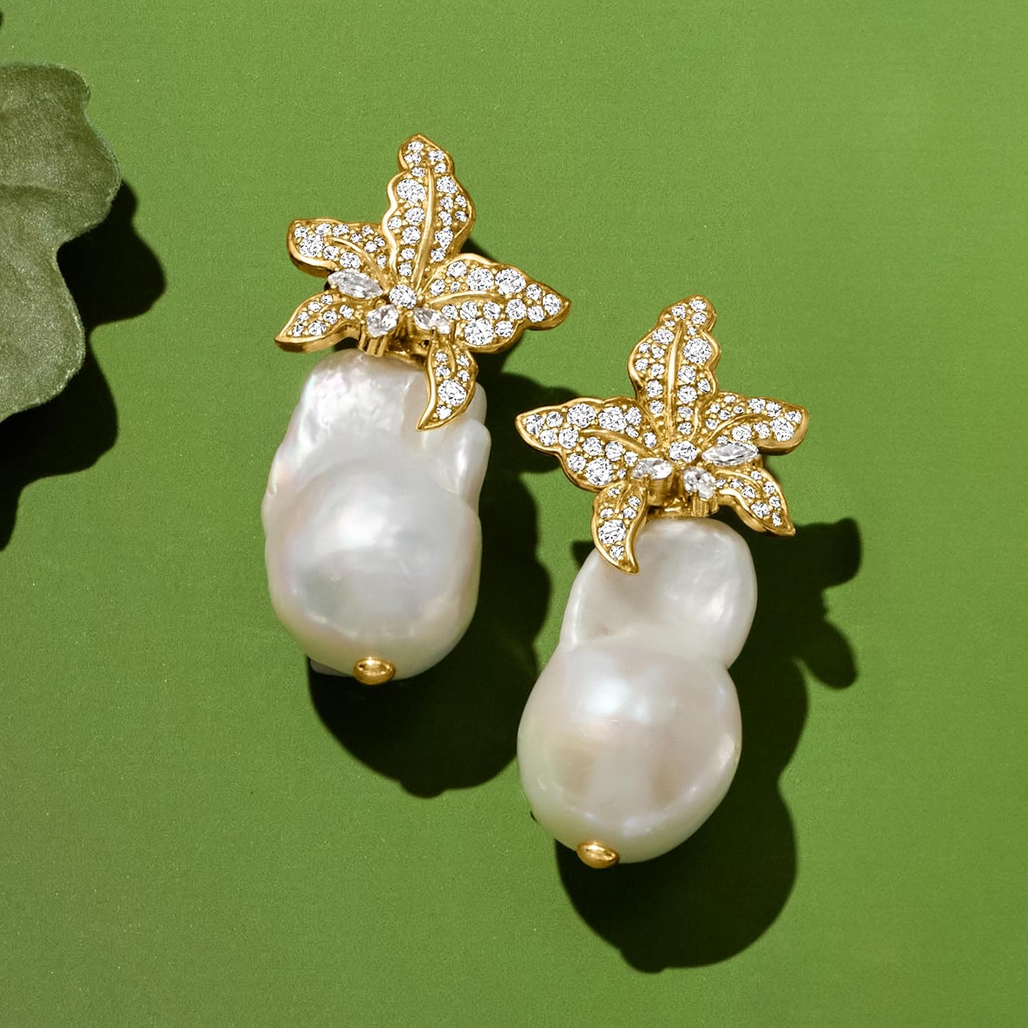 Ross-Simons Italian 13-18mm Baroque Pearl and 1.80 ct. t.w. CZ Flower Earrings in 18kt Gold Over Sterling