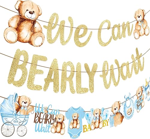 Miniatura 2 de Cartel de oso de peluche para baby shower, 3 unidades, con texto en inglés We Can Bearly Wait Baby Show, decoración de oso de peluche con purpurina