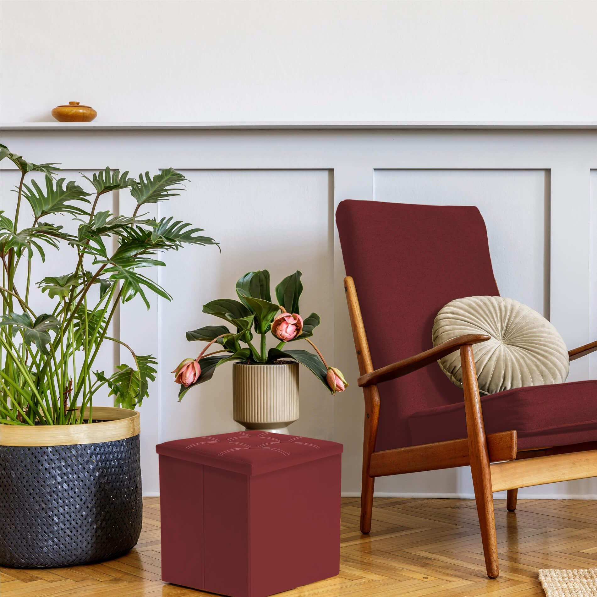 Rebecca Mobili Lange opbergpoef, opbergbank, grijs, polyester stof MDF