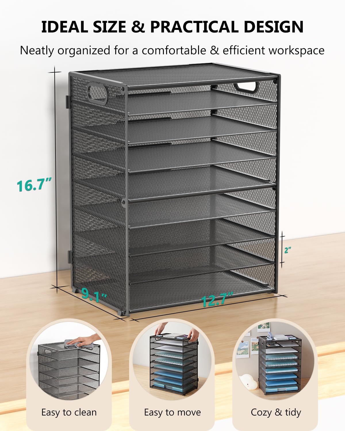WALI Desk File Organizer, 9 Tier Desktop Paper Letter Tray Organizer with Handle, Office Desk Accessories & Workspace Organizers for Office, Home, School Supplies, 1 Pack, Black view 8